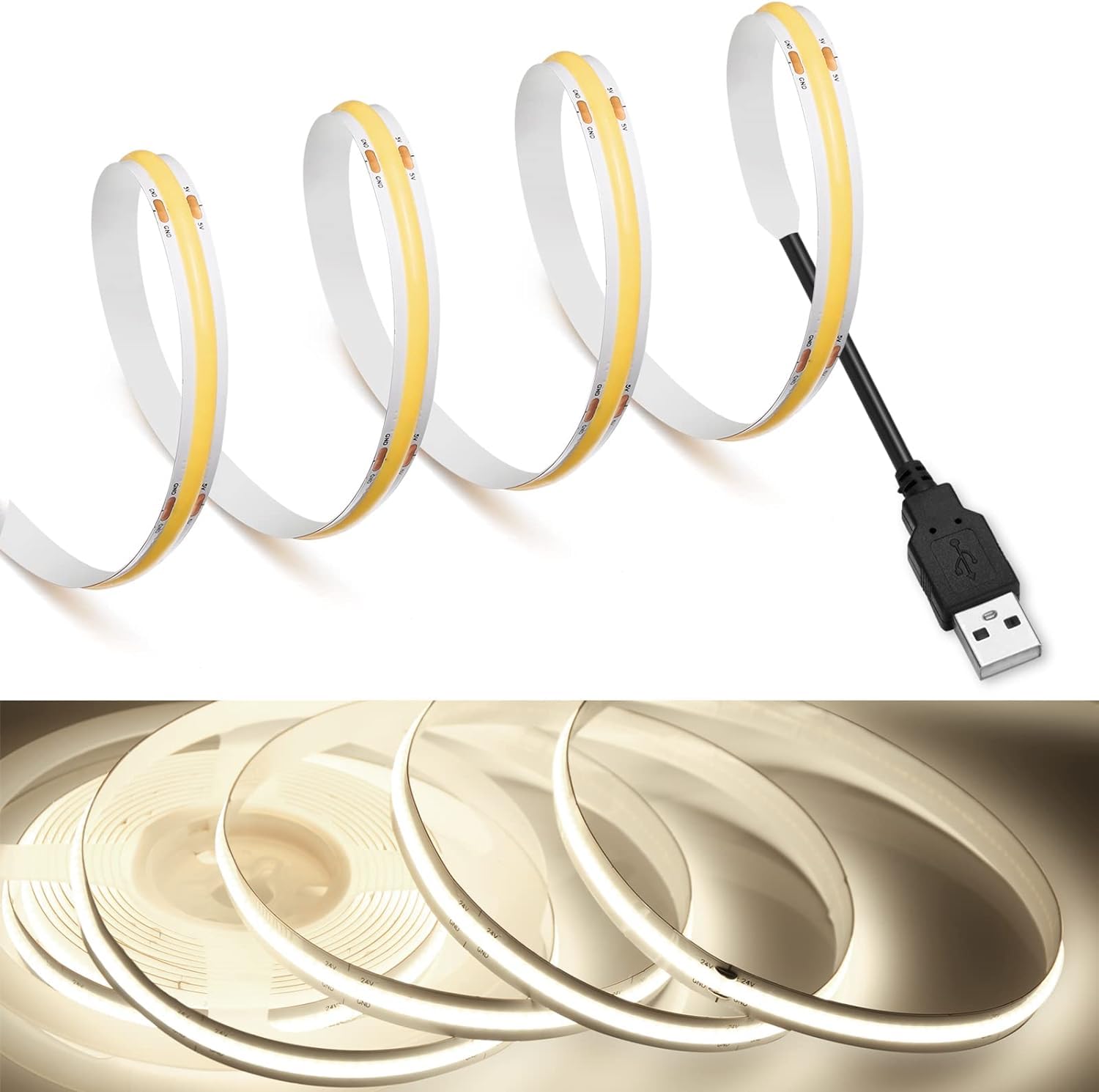 MDee COB LED Strip Light 4000K Nature White USB Powered 5V, 3.28ft/1m, CRI 90+, 800LM/m, 320 LEDs