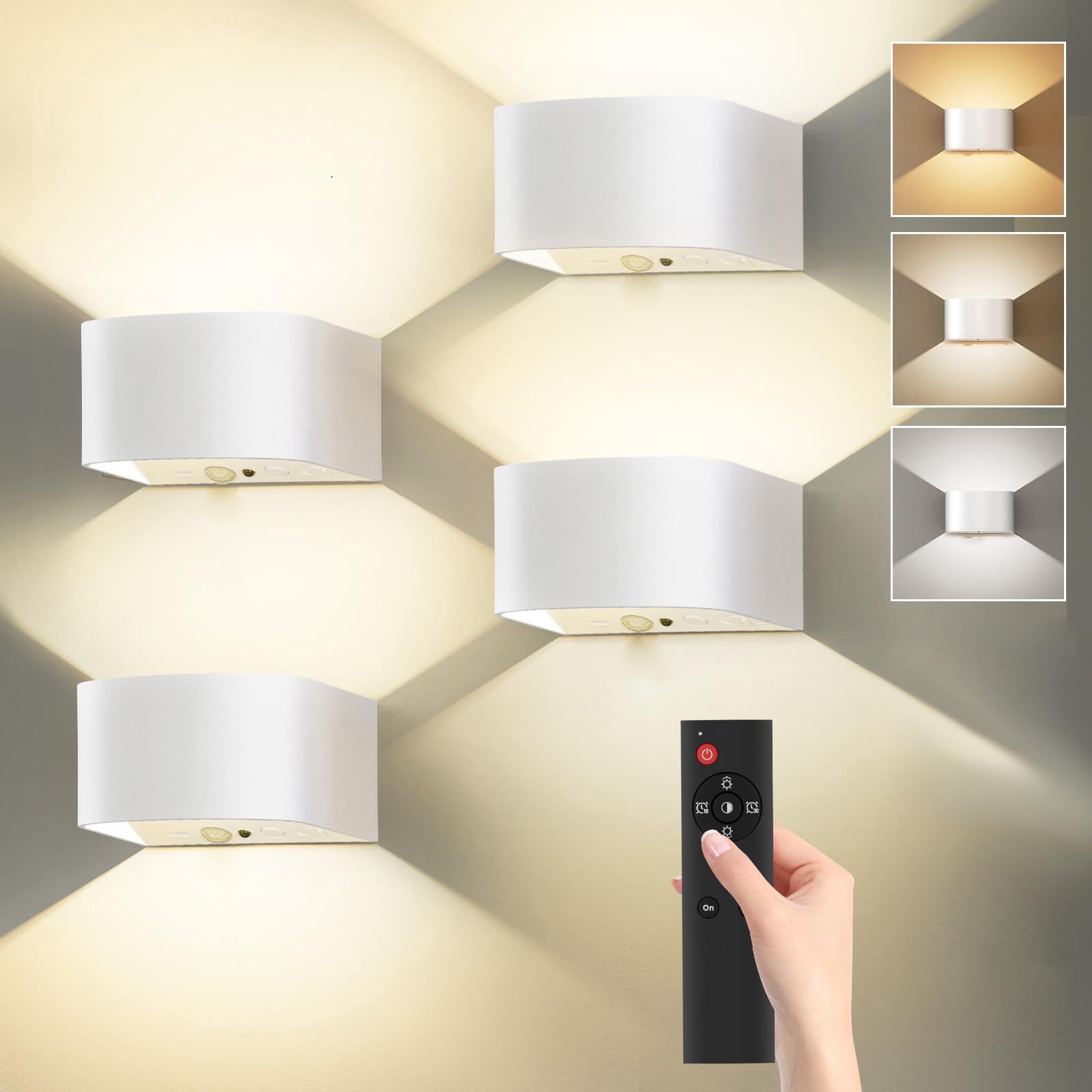 LOLEDS Battery Operated Wall Sconce - 4 Pack Motion Sensor Light with Remote Control - Dimmable - White - Model MD-KL-4PCS-Wt