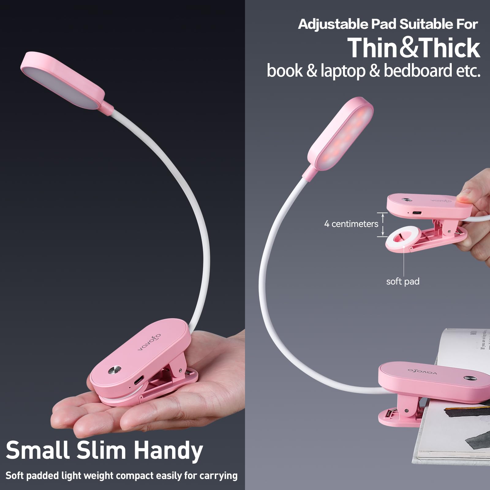 VAVOFO Rechargeable Book Light, 14 LEDs, Clip On, Amber Reading Light, Model KM-6775, Pink