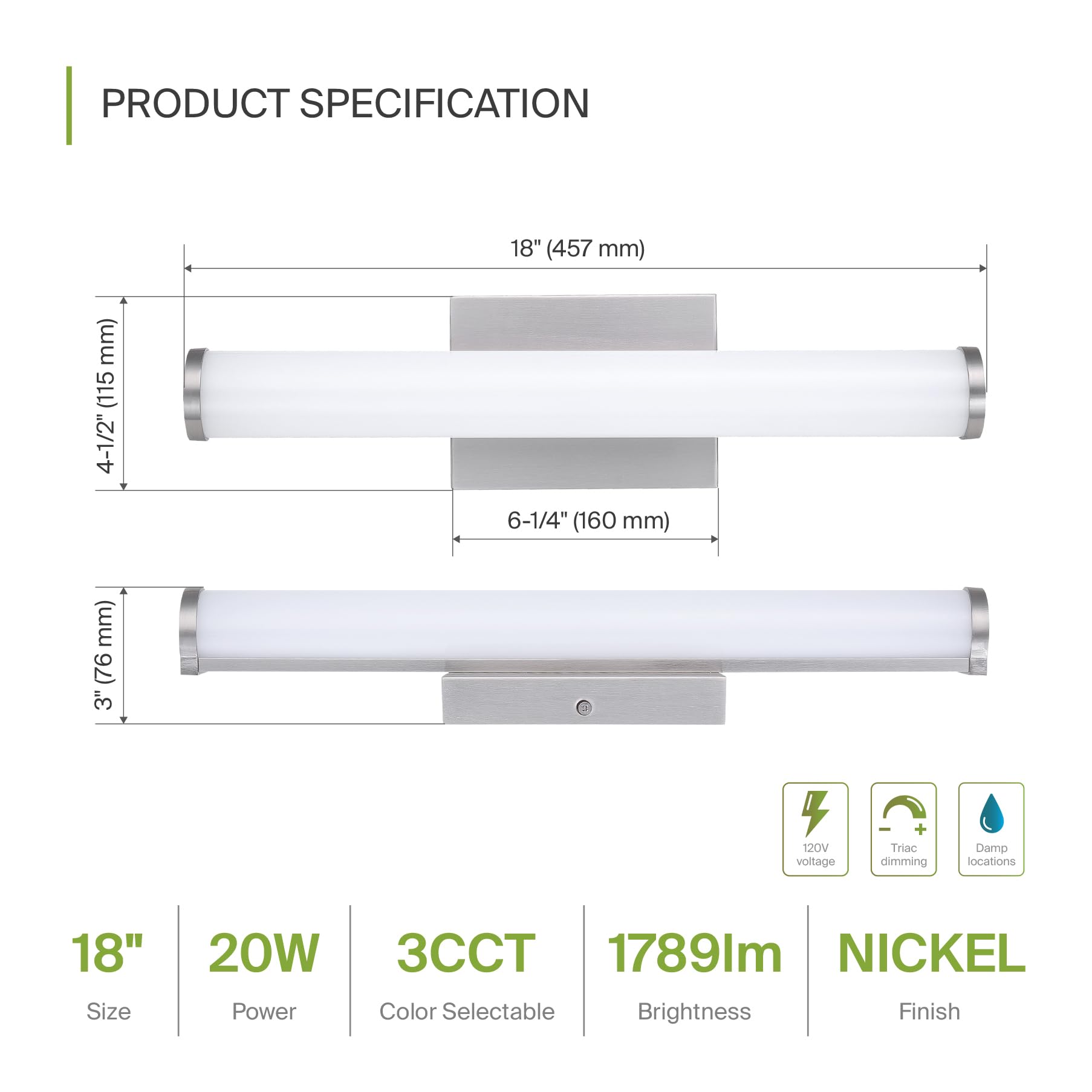ASD LED Vanity Wall Mount Light Fixture 18 Inch Brushed Nickel Dimmable 20W 1500LM Model A-LVF23-18D20CCNK