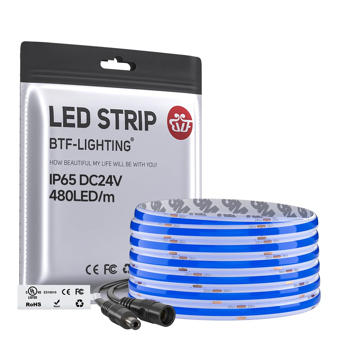 Btf-Lighting Fcob Ip65 Blue Color Cob Led Strip 16.4Ft Dc24V 480Led/M 8Mm Width Flexible High Density Cri 90+ Dimmable Led Light For Home Indoor Decor(No Controller Or Adapter)
