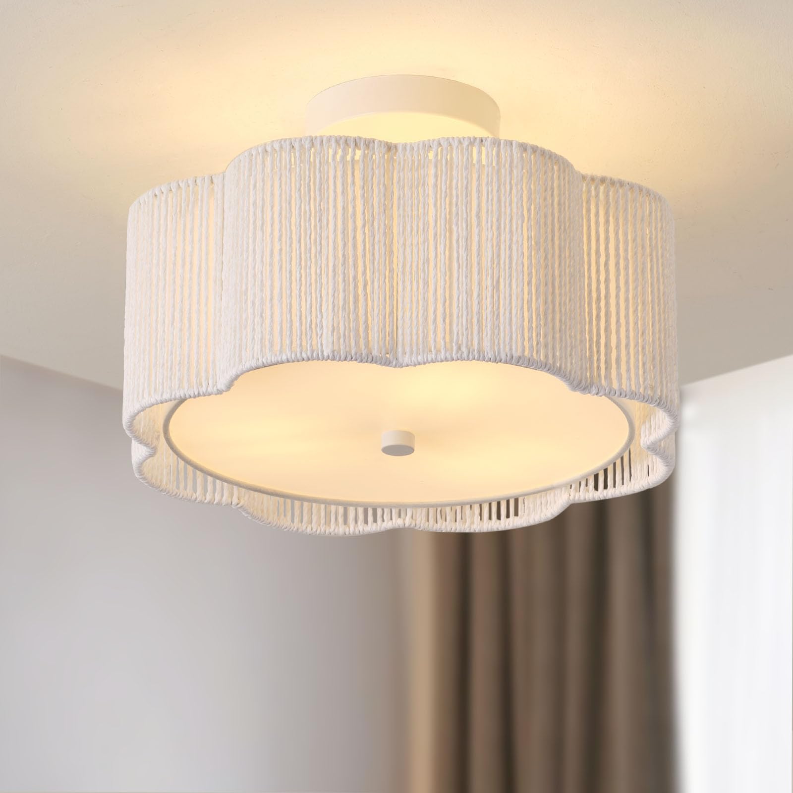 Giutna Rattan Ceiling Light Fixtures Flush Mount,3-Light Boho Light Fixtures Ceiling Mount For Bedroom,Close To Ceiling Light Modern Rattan Chandelier Lighting For Hallway Kitchen Dining Room(White)