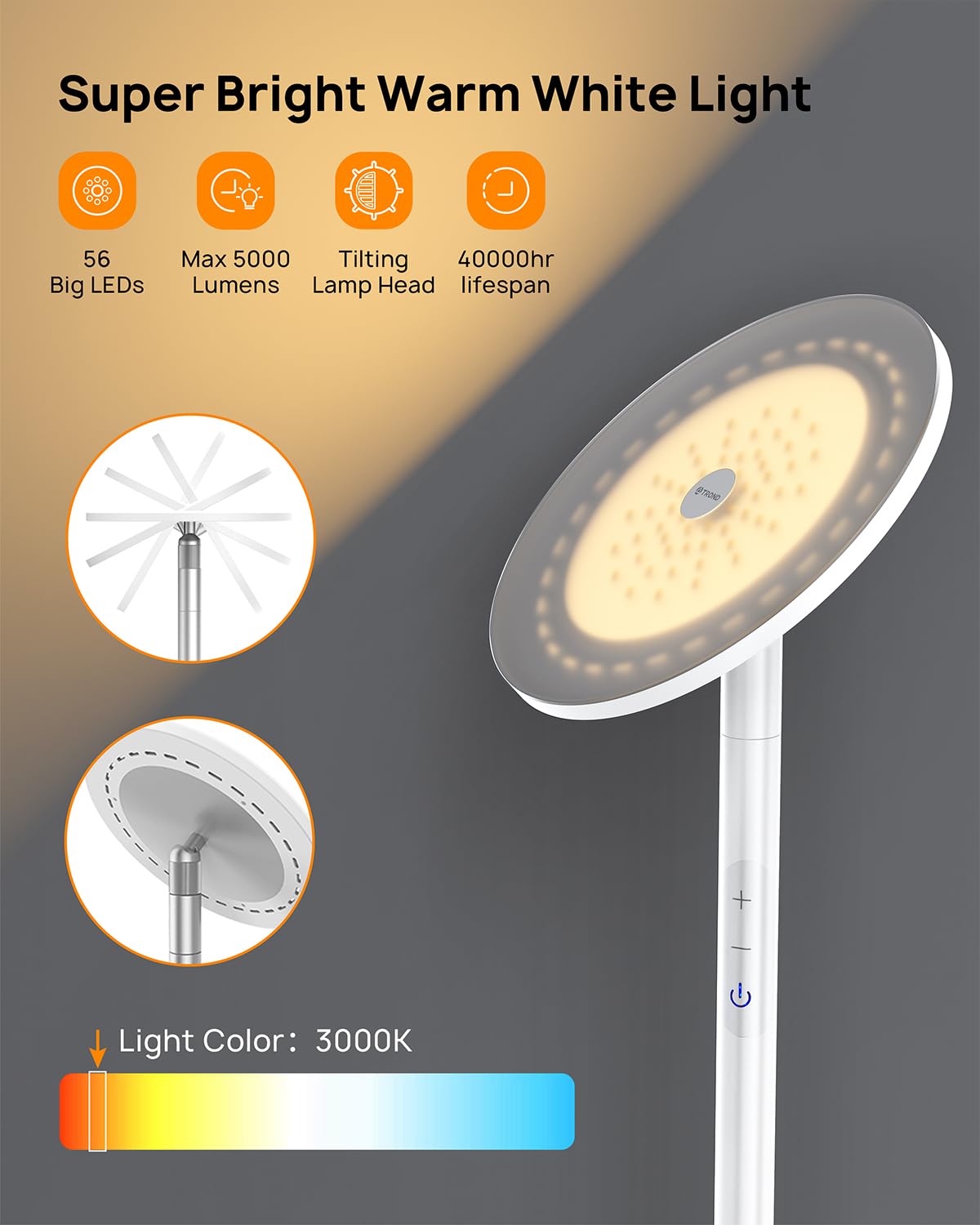 TROND Floor Lamp - 5000LM LED Torchiere, 71" Tall, Warm White 3000K, Dimmable, Aluminum, Silver, Model Halo X