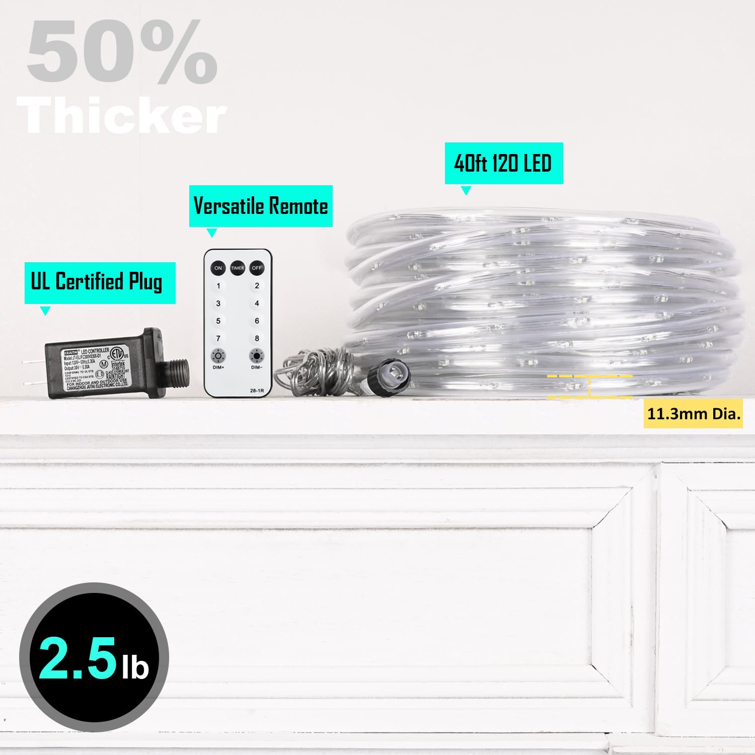 Rope Lights For Outside, 40Ft 120 Led Indoor/Outdoor Waterproof Rope Lights Plug In Waterproof Outdoor Tube Lights For Garden, Patio, Party, Christmas, Clear (Cool White)