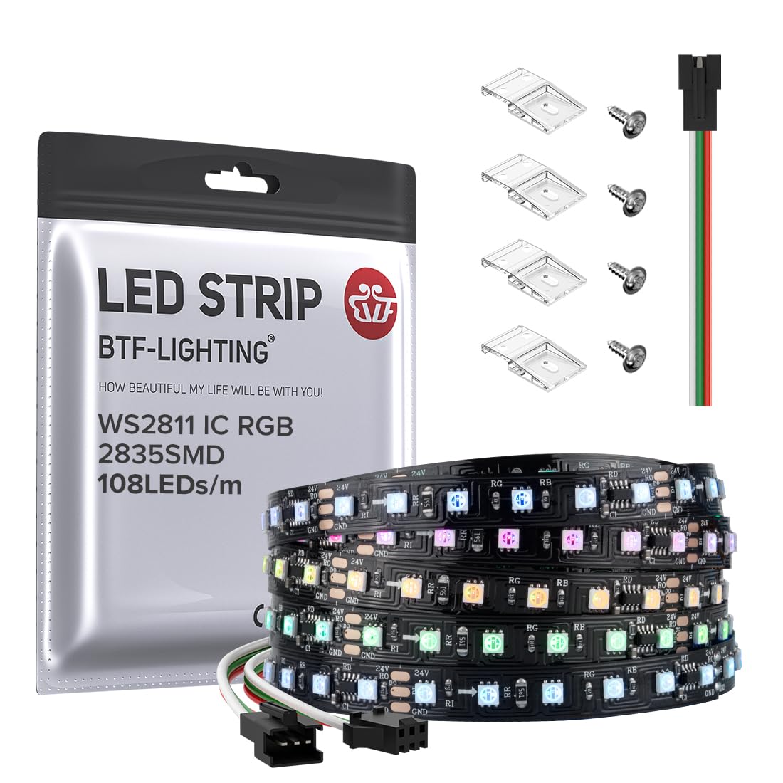 Btf-Lighting 2835Smd Ws2811 Ic Rgb Chasing Color Led Strip Light 16.4Ft Dc24V 108Led/M 18Pixels/M 8Mm Width Flexible Addressable Strip For Indoor Decor (No Adapter Or Controller)