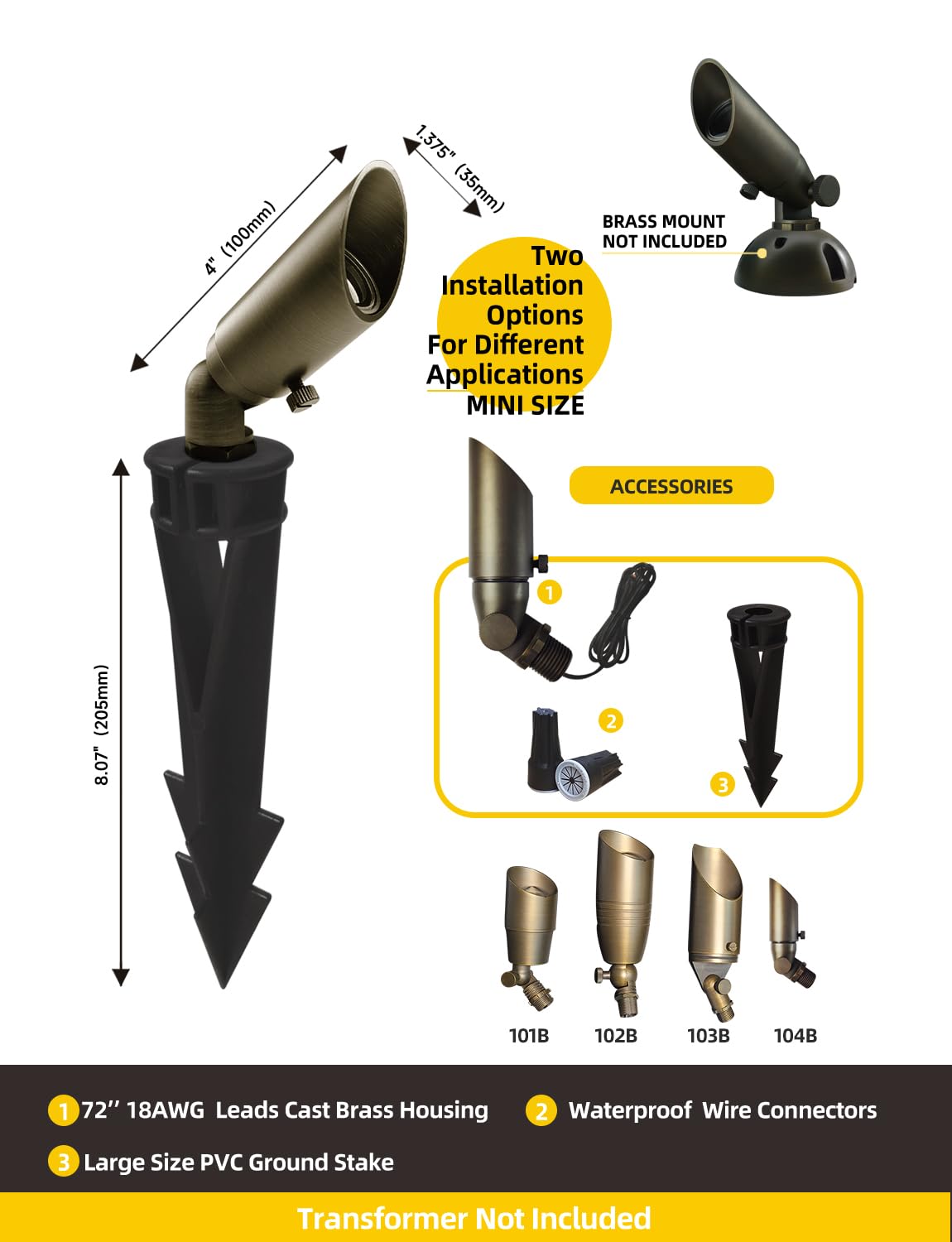Coloer Mini Size Die-Cast Brass Landscape Spotlights Outdoor,12Volt Ac/Dc Low Voltage Led Wired Landscape Lighting,Ip65 Waterpro