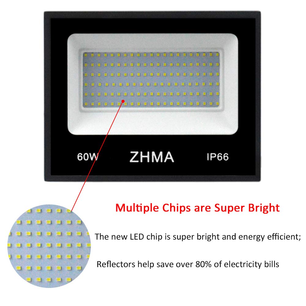 ZHMA 60W LED Flood Light - Outdoor Spotlight, 5400lm, IP66 Waterproof, White Light, Ideal for Garage, Backyard, and Security Use