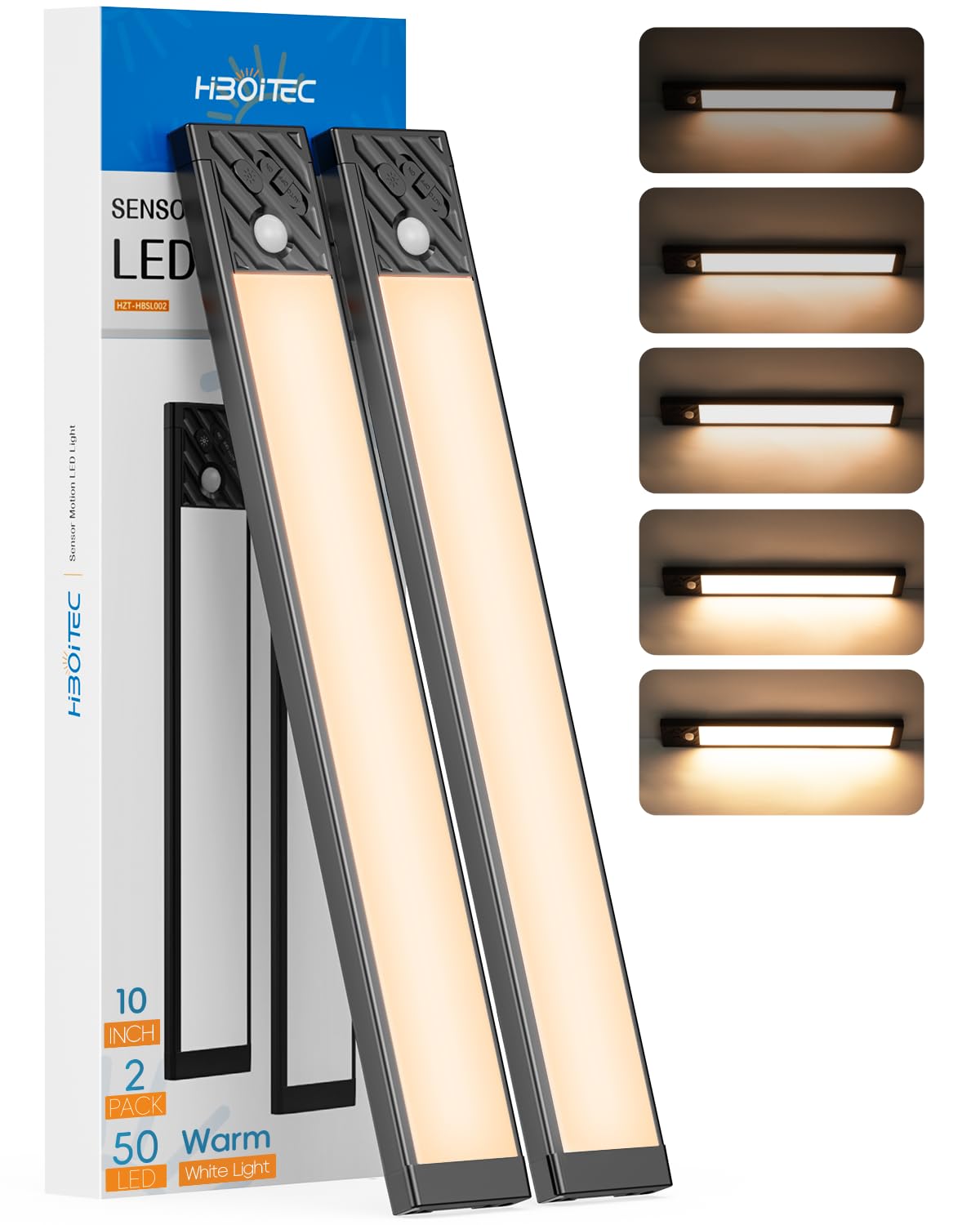 HIBOITEC Closet Lights Motion Sensor Wireless Light 50 LED Rechargeable Dimmable Under Cabinet Lighting, Under Counter Light for Kitchen, Bedroom, Stair, Hallway, 2 Packs, Warm White Light, 10 inch