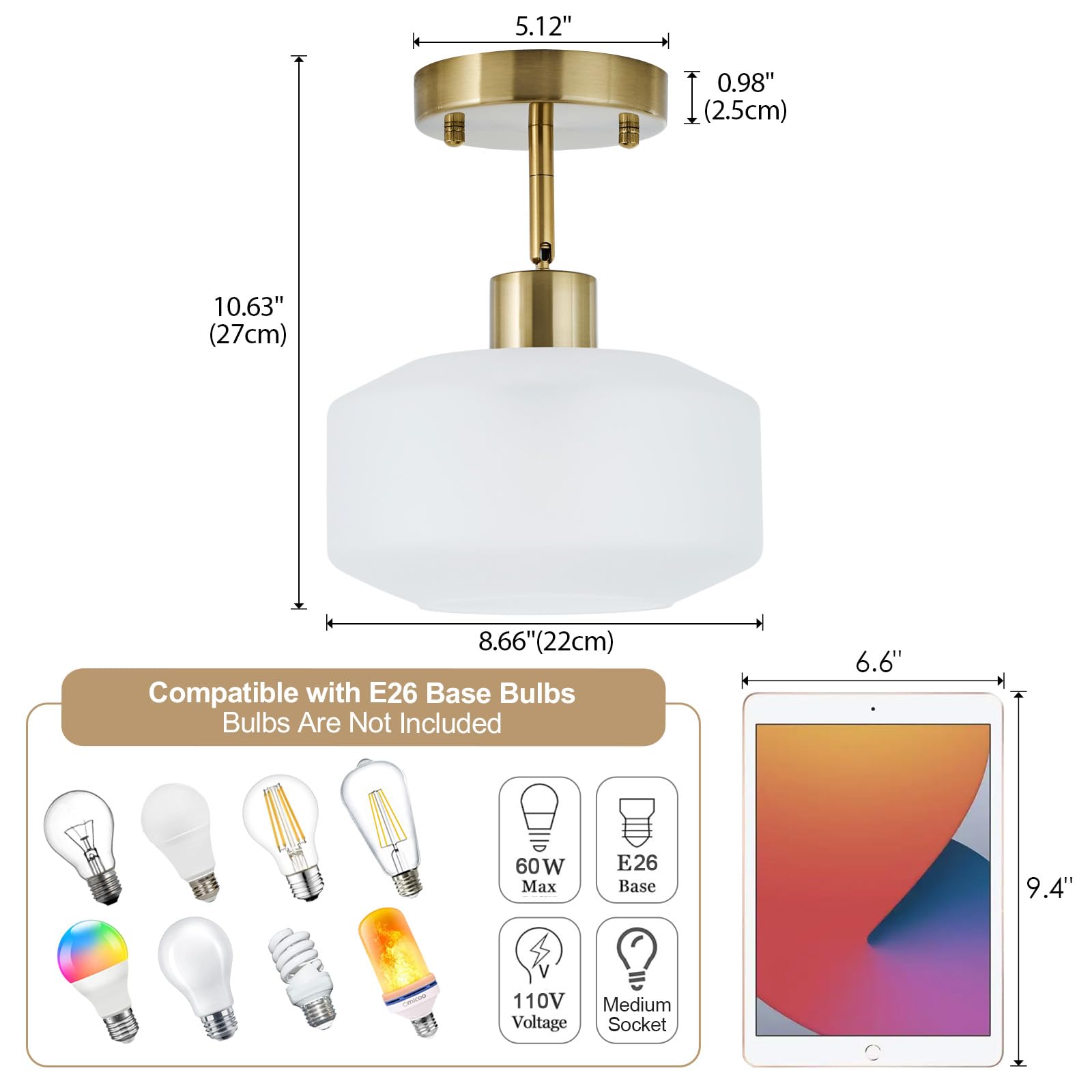 BISAMIYA Modern Brass Semi Flush Mount Ceiling Light, 8.66" Frosted Glass Shade, Adjustable, for Hallway/Bedroom