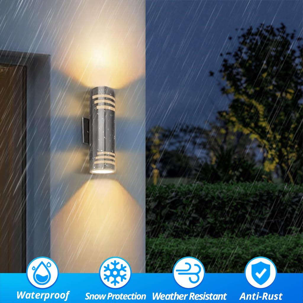 SHIMR Modern Outdoor Wall Lights - 2 Pack Waterproof Stainless Steel with Brushed Nickel Finish, Dusk to Dawn LED Fixtures