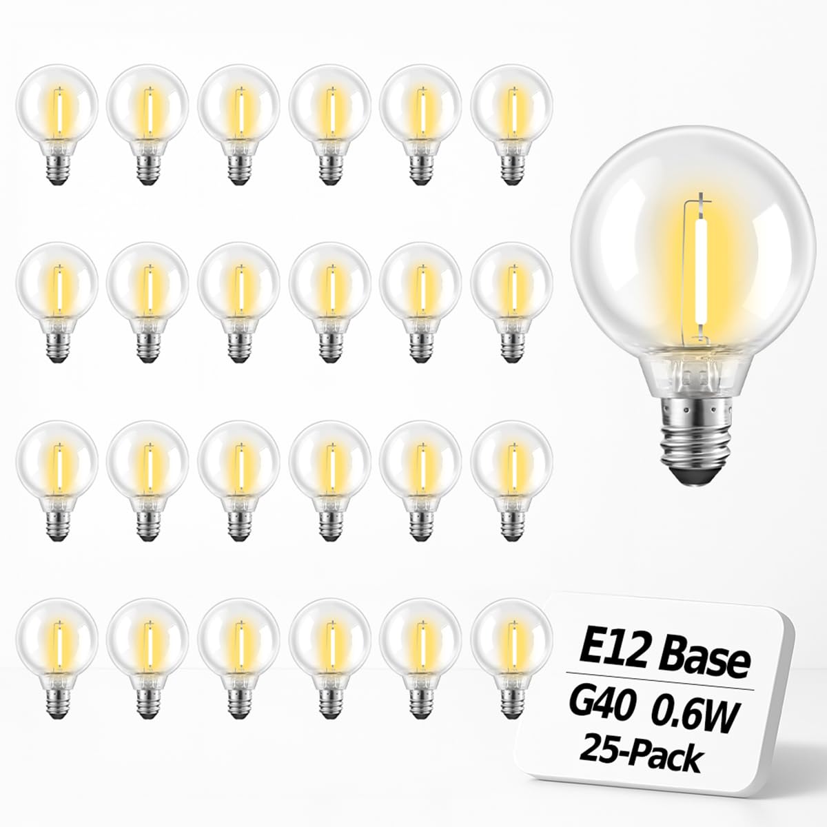 Hobbynors 25Pack G40 Globe Led Bulbs,Long-Life & Shatterproof Vintage Design,Outdoor Ready For String Lights,0.6W Energy Saver (