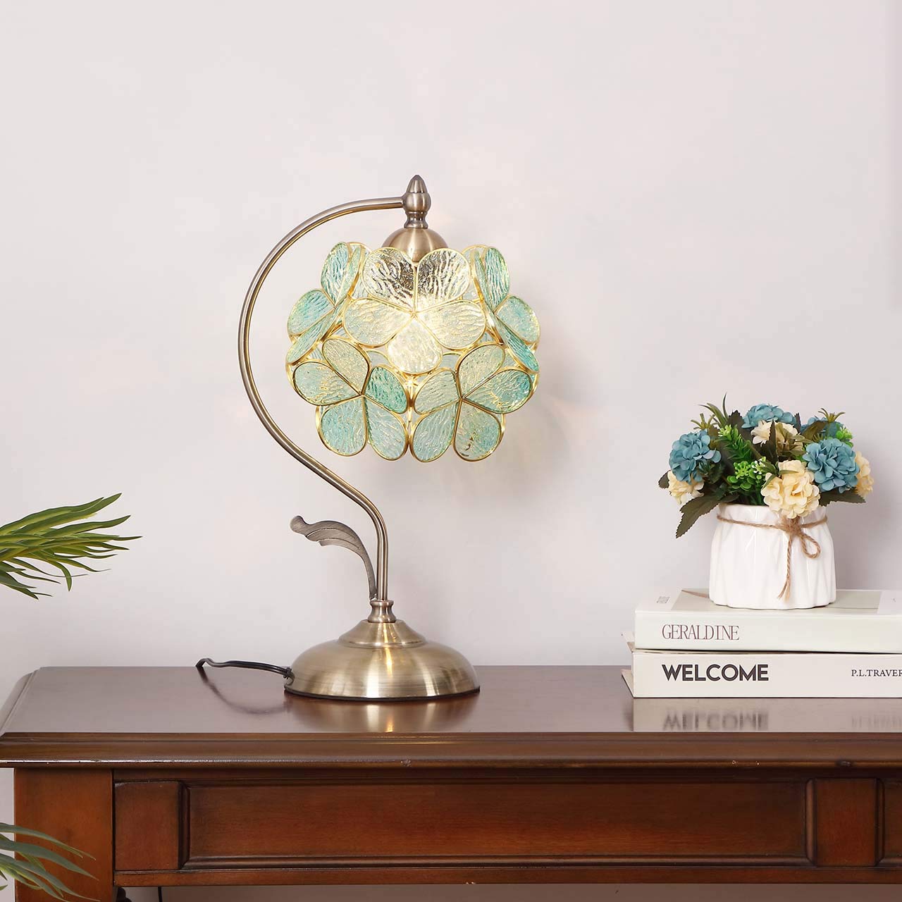 Bieye Tiffany Style Stained Glass Table Lamp, Light Blue Cherry Blossom, 8" Petal Design, Brass Base for Home Décor