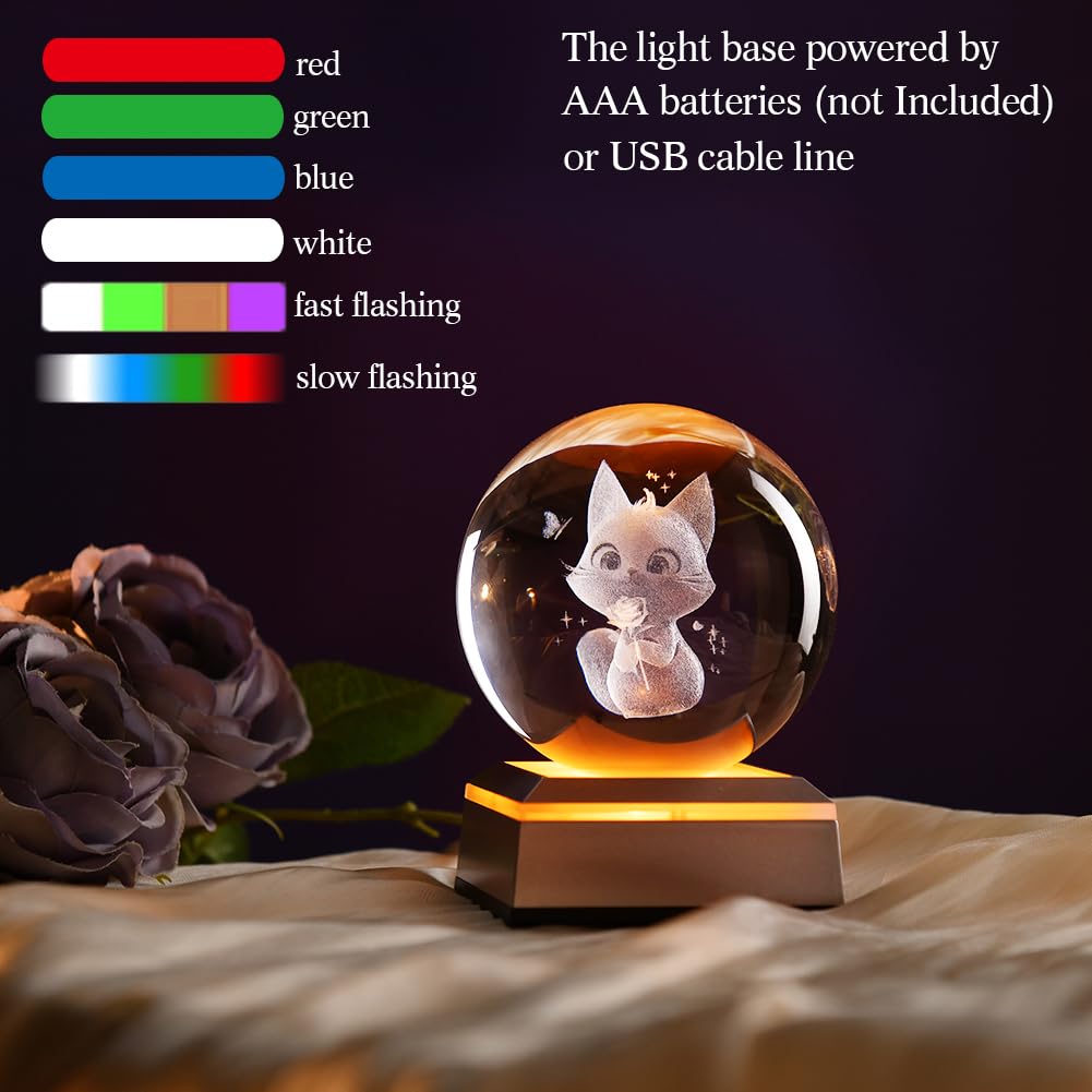 Zrenjhus 80Mm Cat Lover Gifts For Women 3D Cat Holding Rose Night Light Cat Crystal Ball Decor Kitten Holding Rose Collectibles