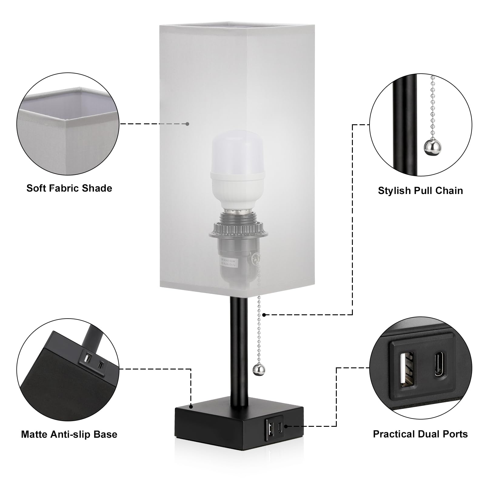 Bedside Table Lamps Set Of 2 - Grey Bedroom Lamps With 3 Color Temperatures (3000K/5000K/4000K), Two Square Nightstand Lamps Wit
