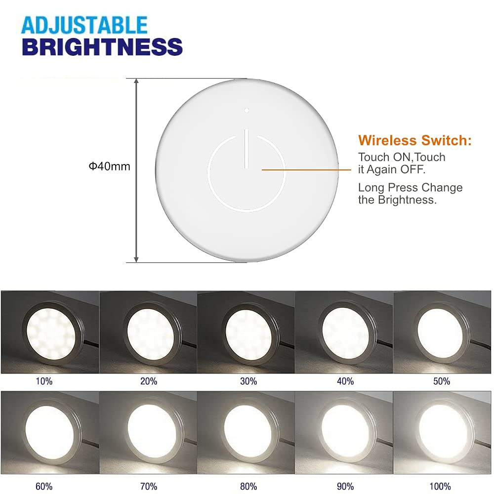 VST Under Cabinet Lighting 12V 2W Puck Light with Wireless Dimmer, White 6 Pack, 4000K, Recessed or Surface Mount