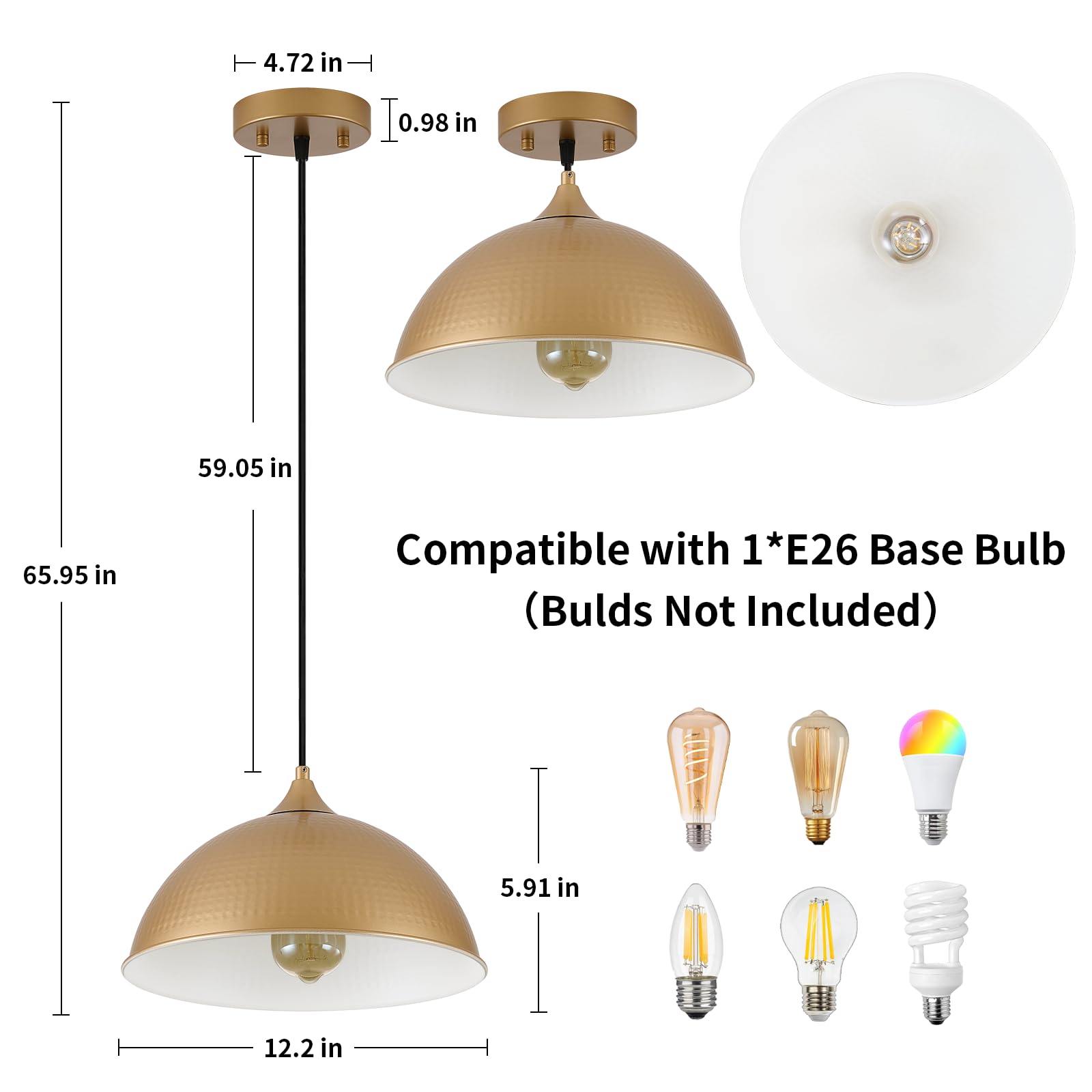 Miaybph Pendant Lights Kitchen Island, 12'' Gold And White Dome Pendant Light Vintage Industrial Hanging Light Fixtures For Dini