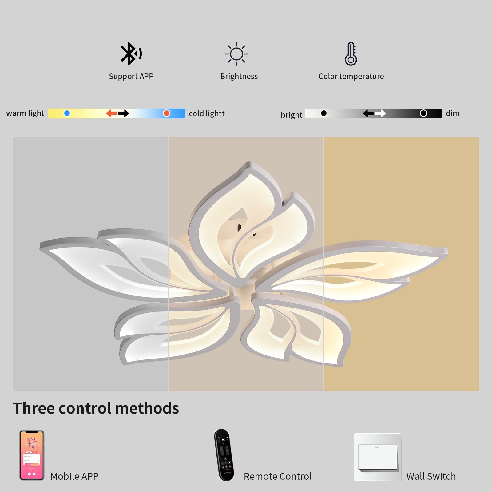 JAYMP LED Ceiling Light - Dimmable Flower Shaped Lamp with Remote Control, 25.6in, White/5 Petals, Model GB6105