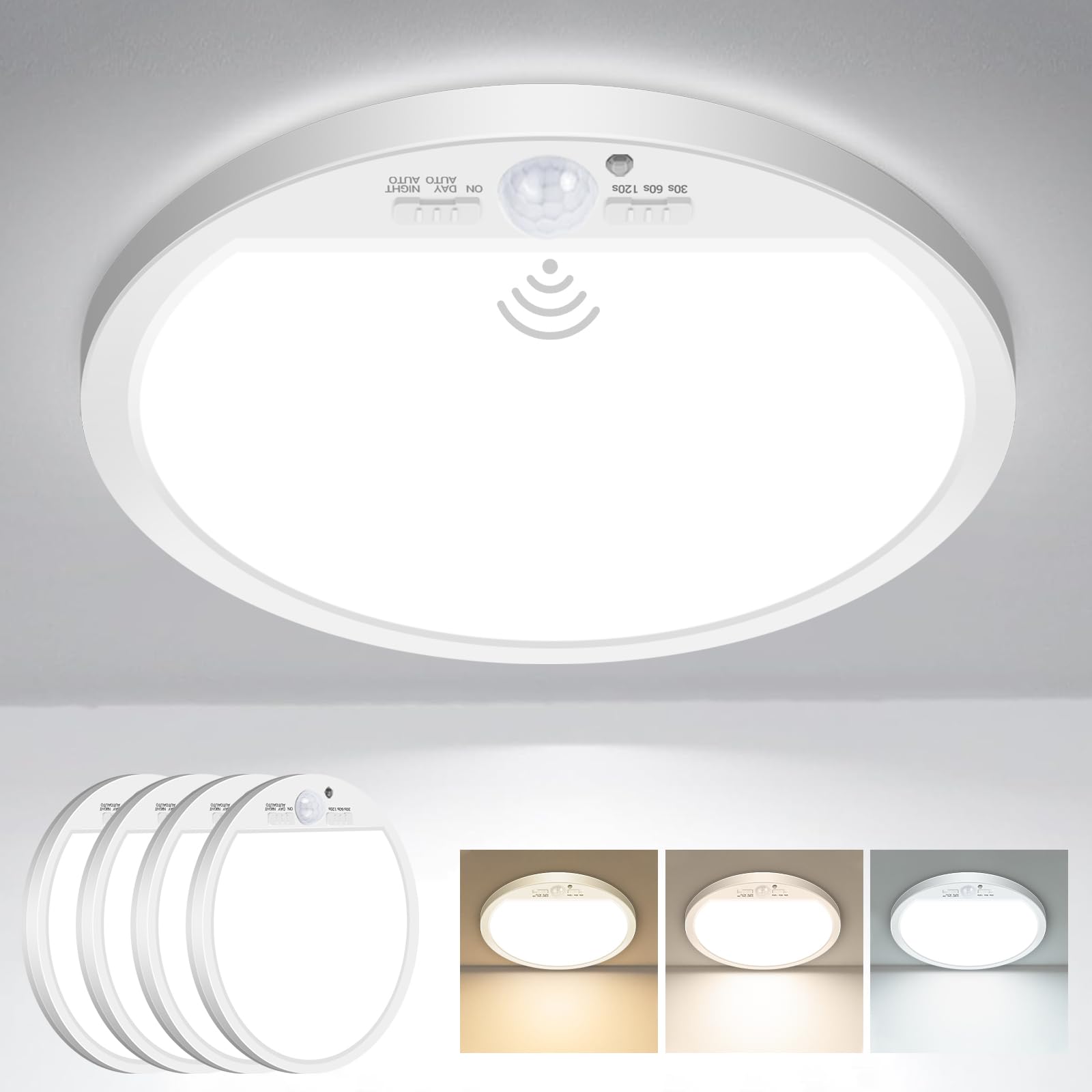 slochi 4Pack Motion Sensor Light Indoor Wired  12 Inch 3000K/4000K/6500K Closet Lights Motion Sensored  24W 2400LM Flush Mount Ceiling Light for Hallway Pantry Stairwell Porch  White