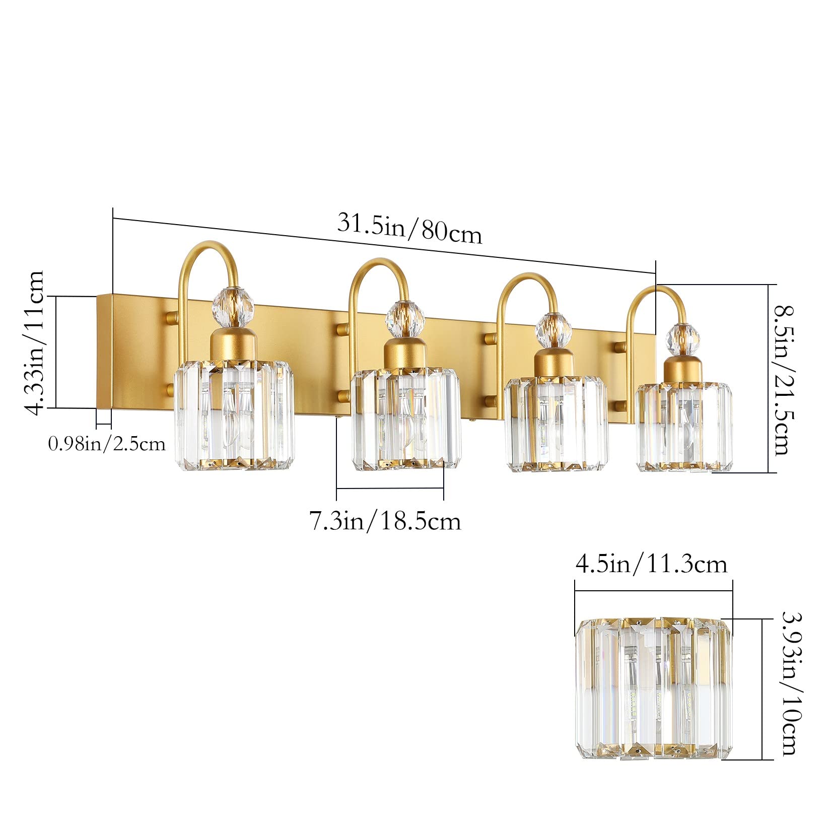 Ralbay 4-Light Gold Crystal Vanity Lights - Modern Bathroom Wall Lighting Fixture, Round-Gold, Model 8600