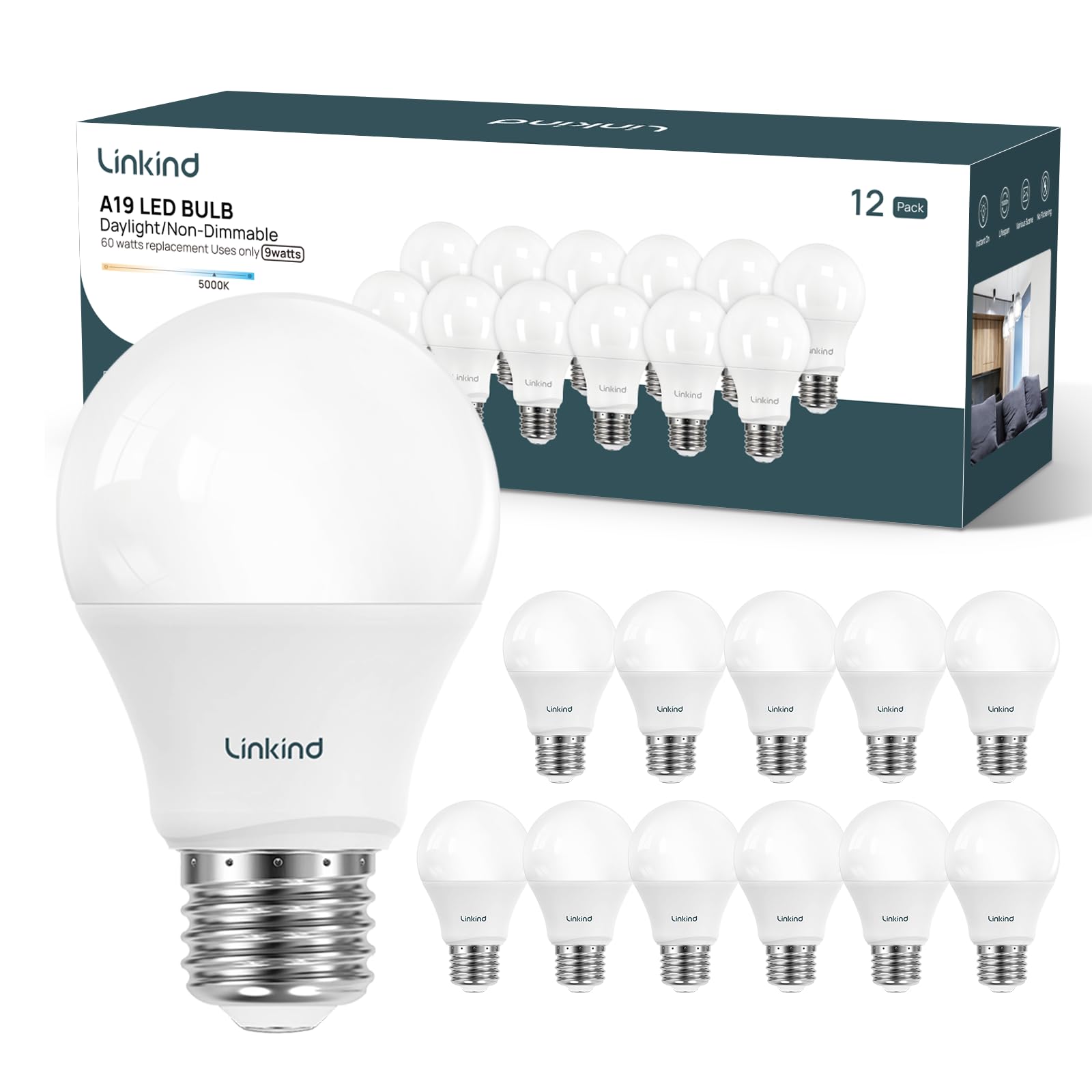 Linkind A19 Led Light Bulb, 60W Equivalent Light Bulbs, 9W 5000K Daylight, 840 Lumens Non-Dimmable Led Bulb, E26 Standard Base, 