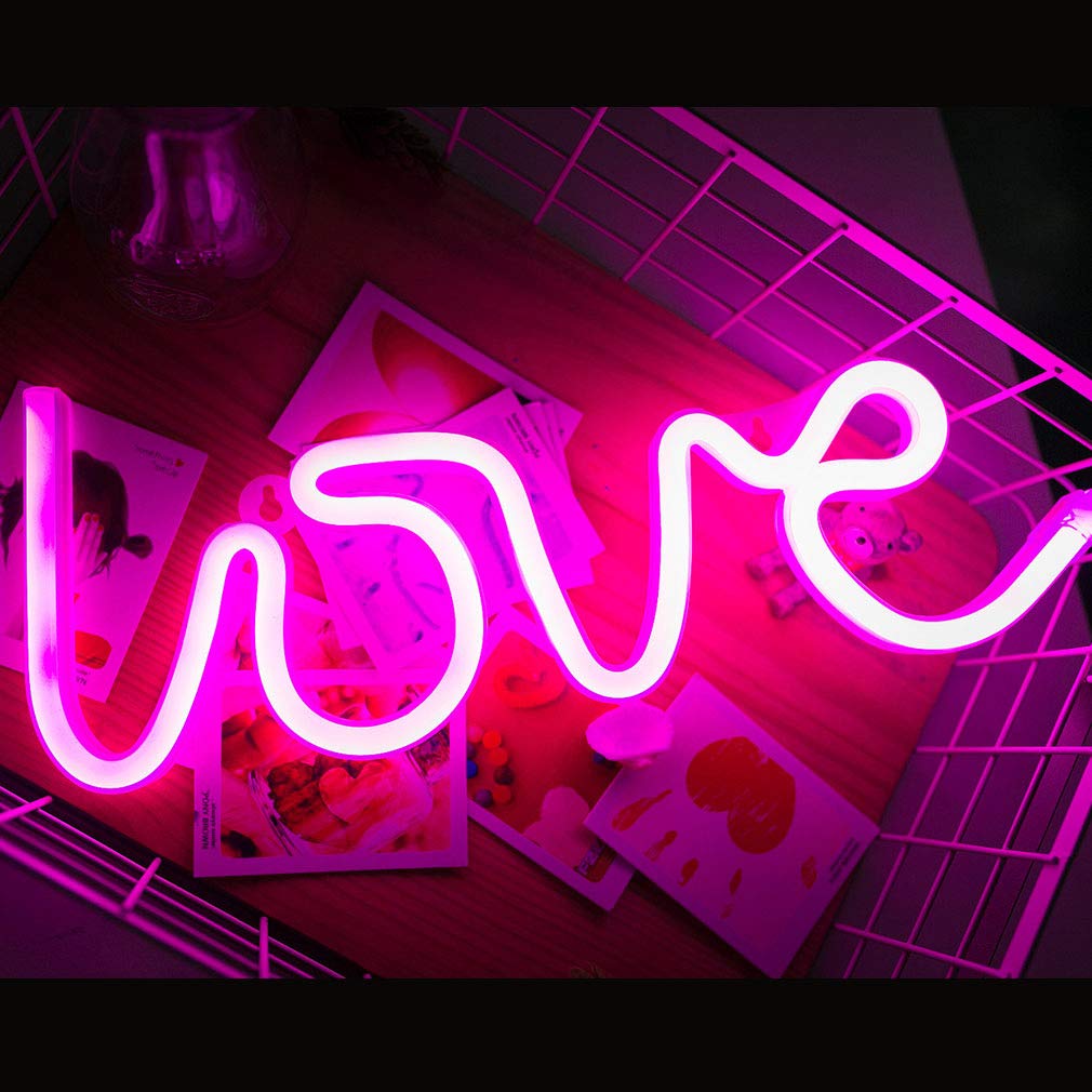 Mortime Pink Love Led Neon Light Sign - Party Decor, Girls Room Accessory, Table Decoration