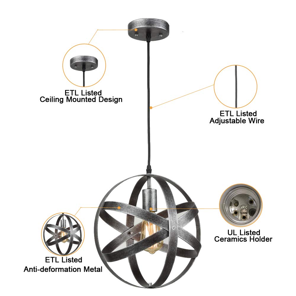 AXILAND Industrial Metal Pendant Light Fixture, Antique Silver, Model TR12028U, Changeable Hanging Design