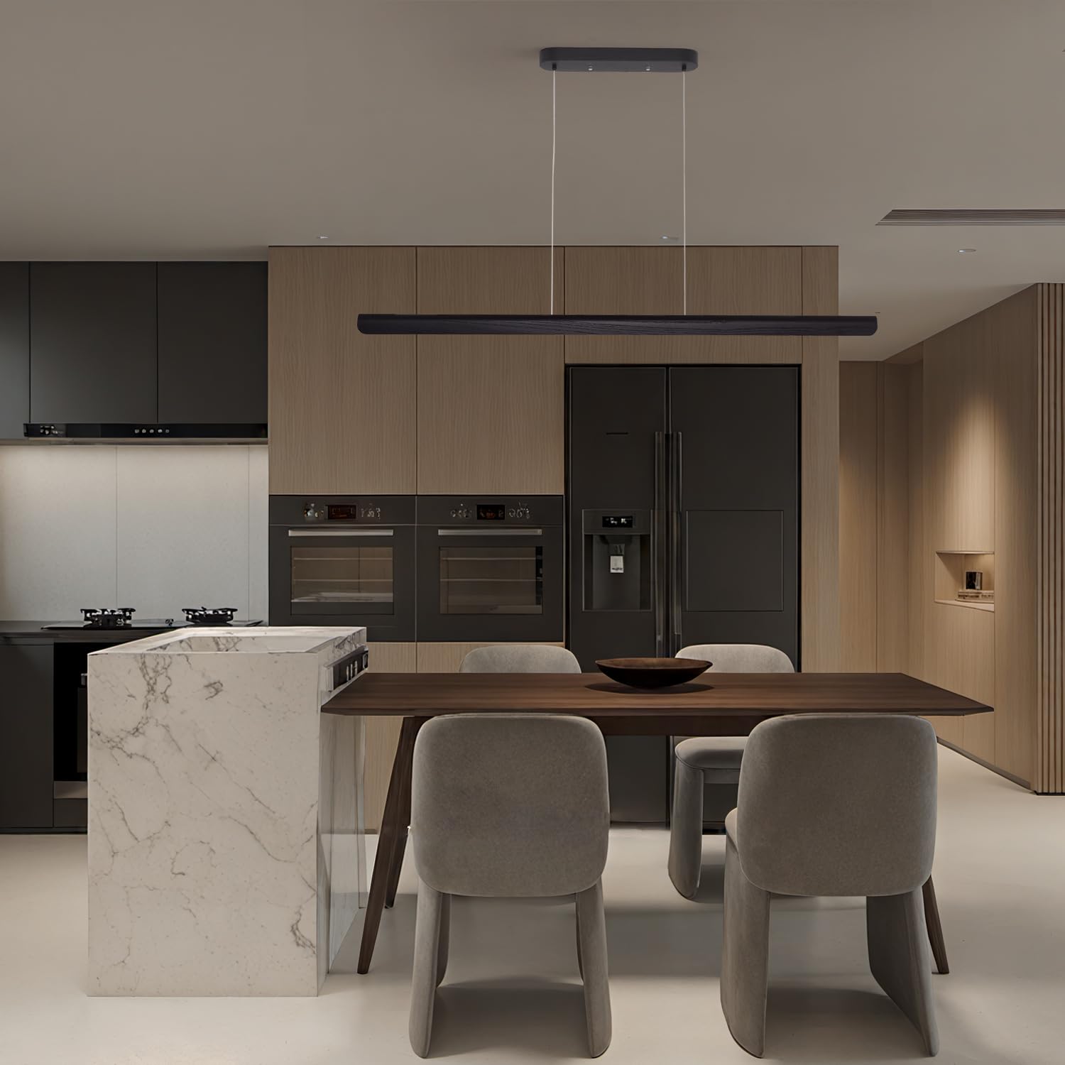 Yisdesign 47Inch Wood Led Linear Pendant Light  Dimmable Wood Ceiling Lamp Minimalist Linear Chandelier  36W Warm Light 3000K  Modern Kitchen Island Dining Room Lighting Black Adjustable Height