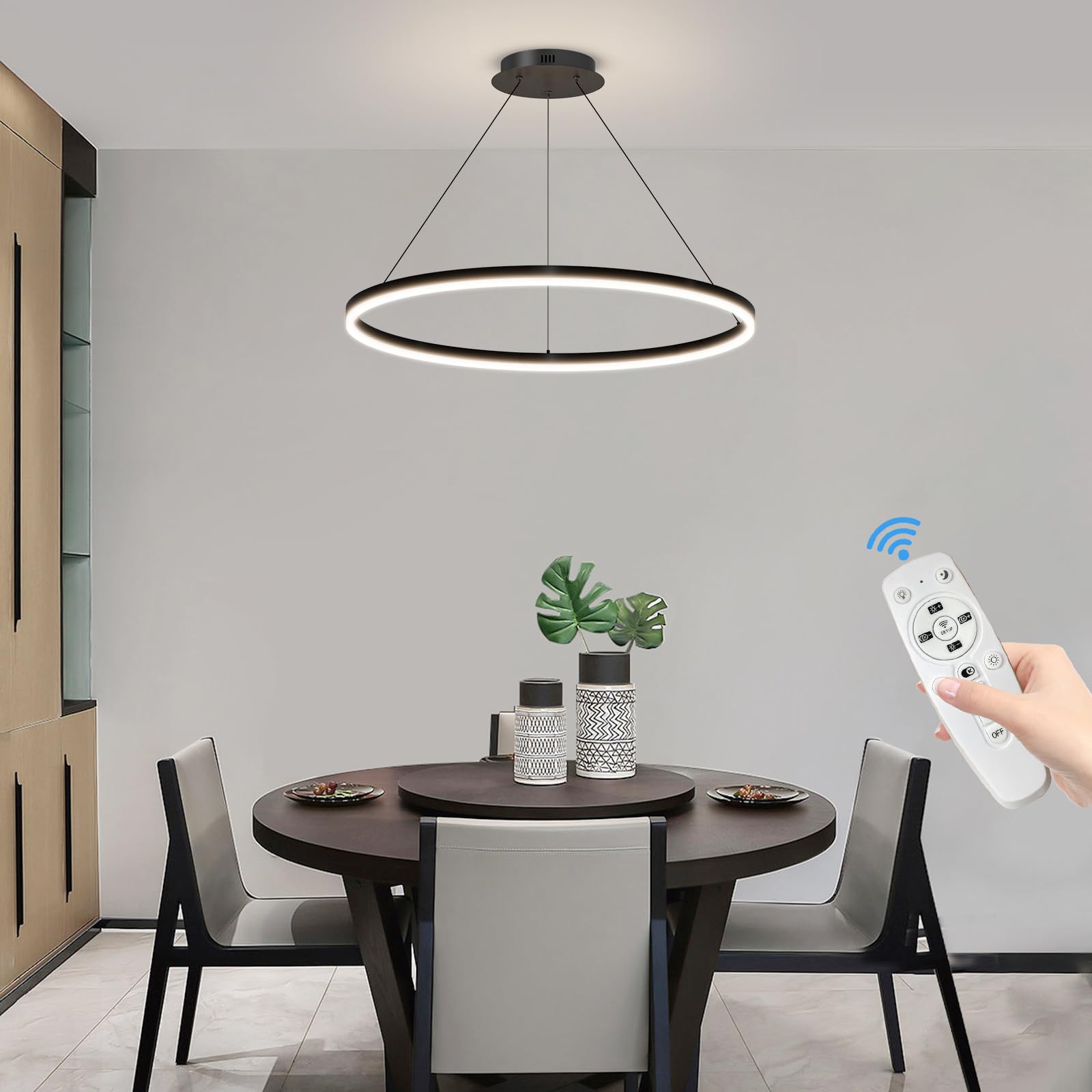 Mikeru Modern LED Chandelier Light with Remote Control, 3000K-6500K Adjustable, 15.7IN, E-Black, Aluminum