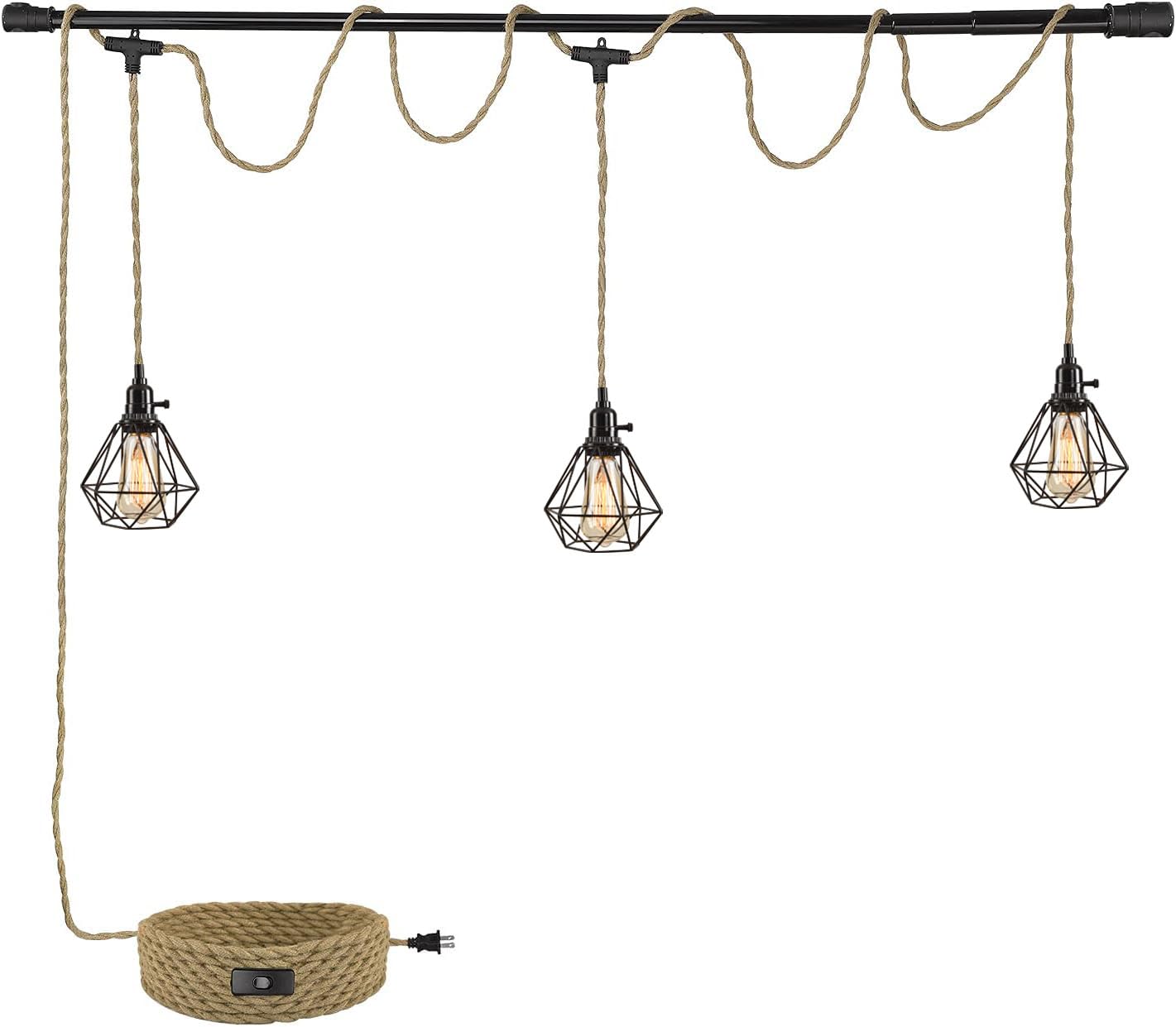 Kenmi 3-Light Hanging Light With Plug In Cord,Plug In Pendant Light 22Ft Hemp Rope Pendant Lighting Vintage 3-Light Metal Cage H