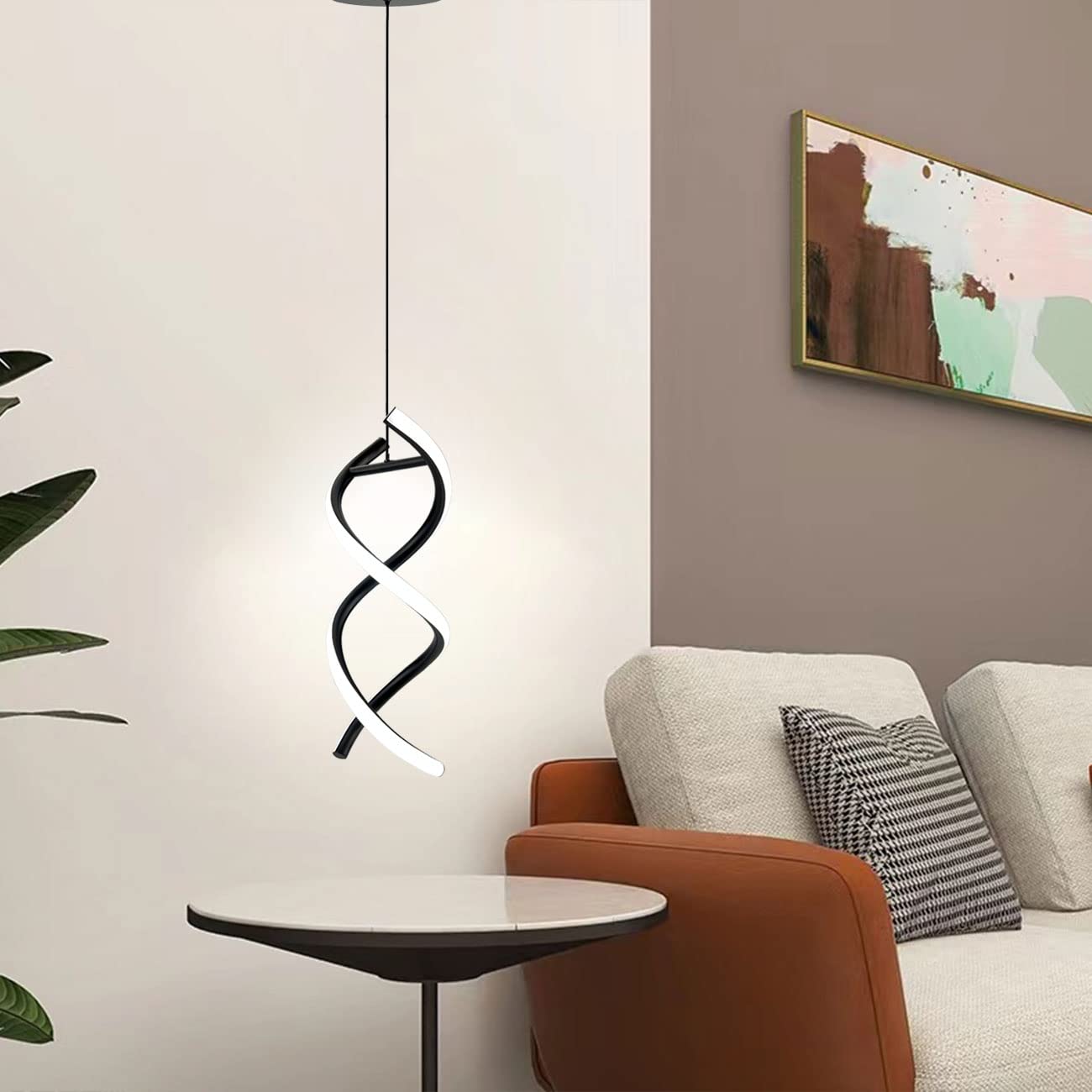 CANEOE Spiral LED Pendant Light Fixture, 15W Cold White, Adjustable Modern Lamp for Living Room/Kitchen, Black
