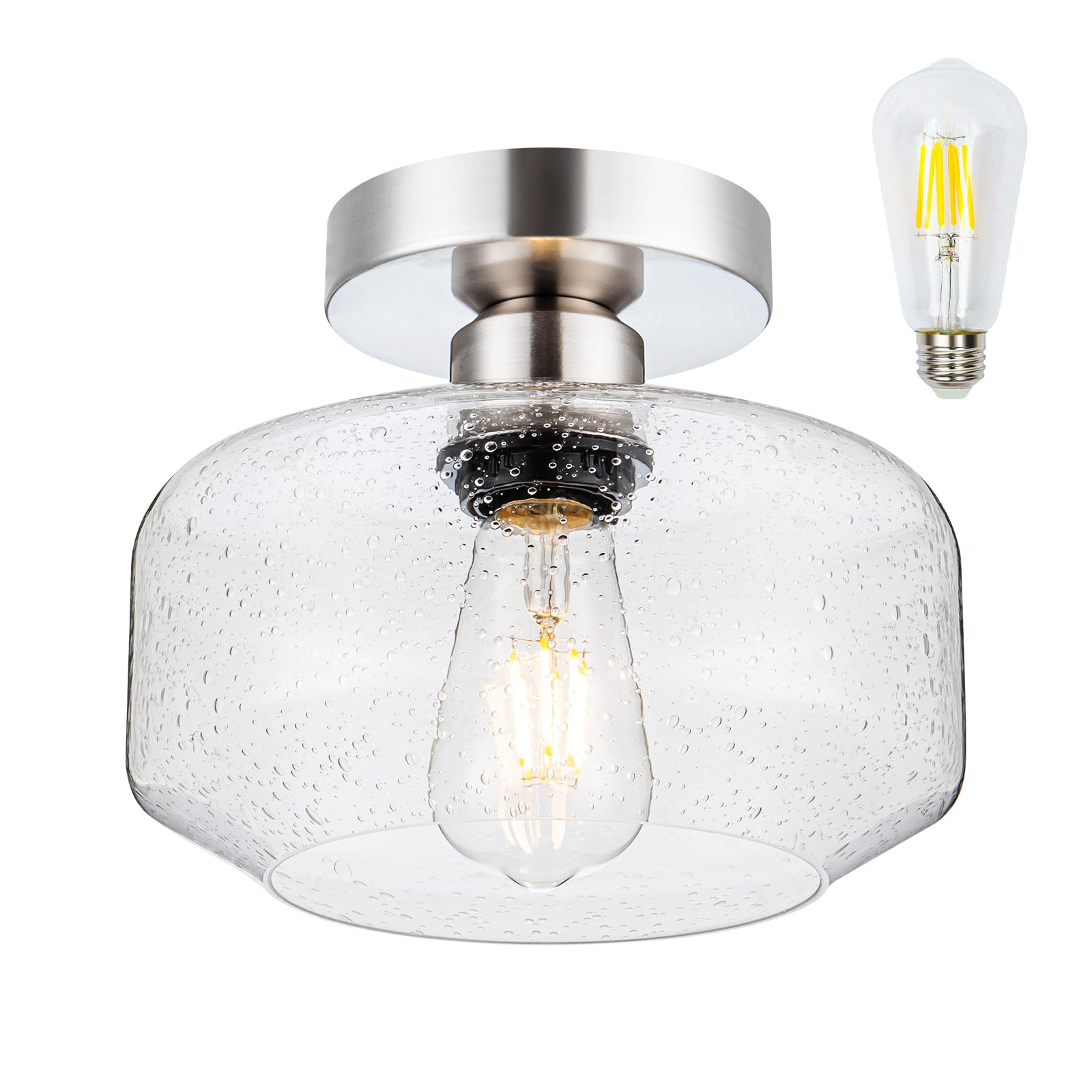 Tbaoinla Elegant semi Flush Mount Ceiling Light with Vintage Flavor Clear seeded Glass Brushed Nickel Metal Base Included 900 lumens LED Bulb Suitable for Hallway Kitchen Bathroom Bedroom entryway…