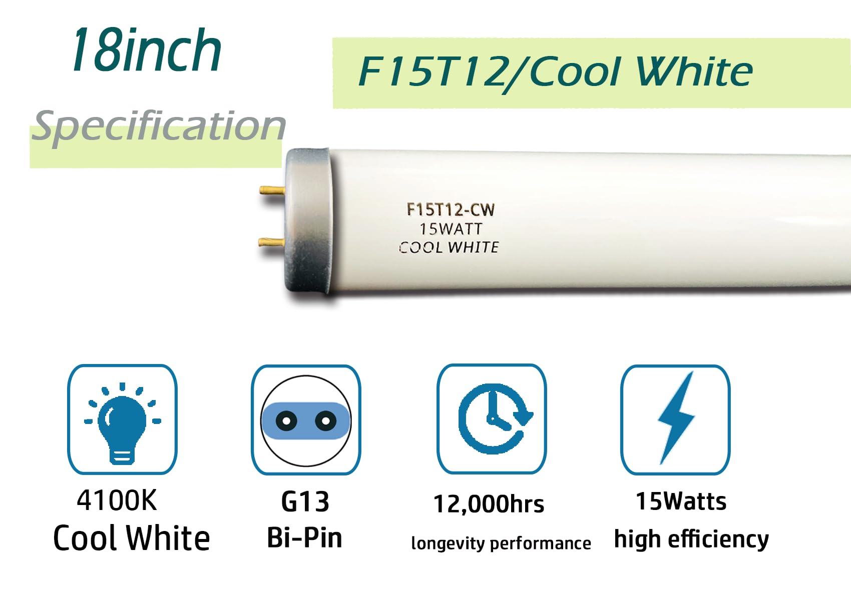 Cemlorot F15T12 Cool White Fluorescent Light Bulb 18" 15W T12 Tube 4100K Replacement for Kitchen and Bath