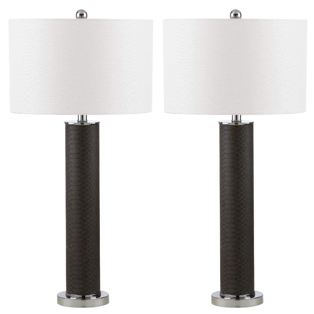 SAFAVIEH Table Lamp Set of 2, 32-inch Modern Grey Faux Snakeskin, Model LIT4404E-SET2, LED Bulbs Included