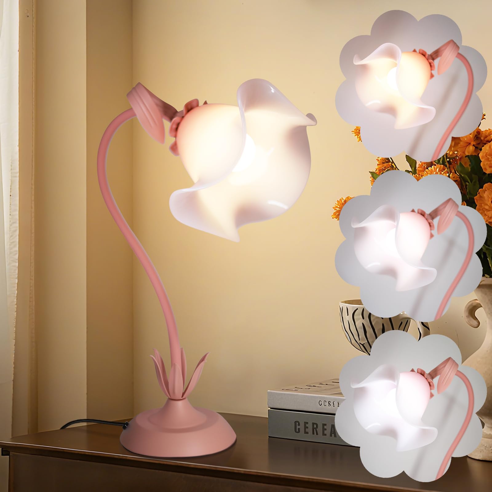 Pink Flower Table Lamp for Bedroom, 3 Colors Flower Reading Light with E26 Bulb, Cute Desk Lamp Bedside Lamps for Nightstands Ho