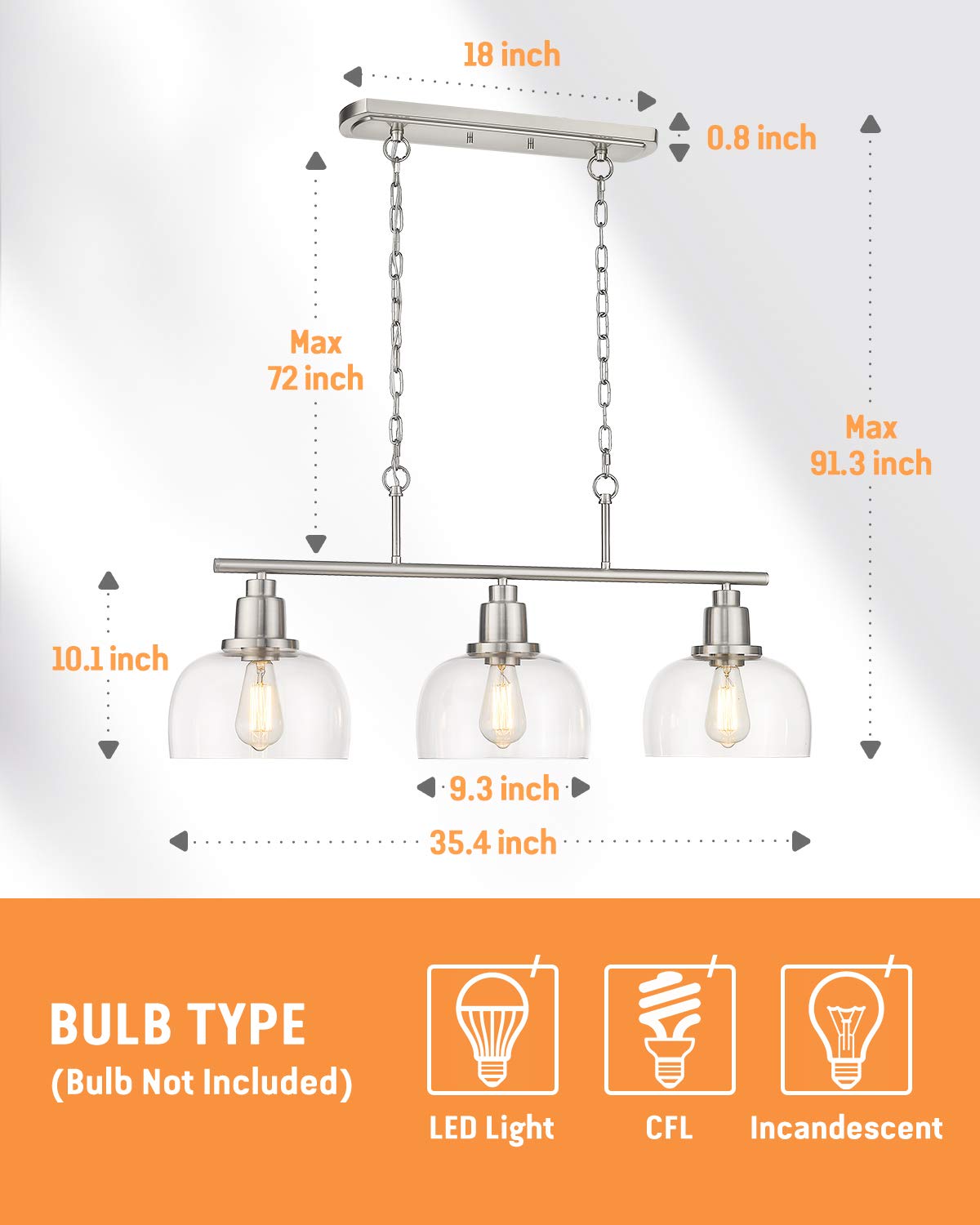 Eapudun 3-Light Farmhouse Pendant Light, Brushed Nickel With Clear Glass For Kitchen Island