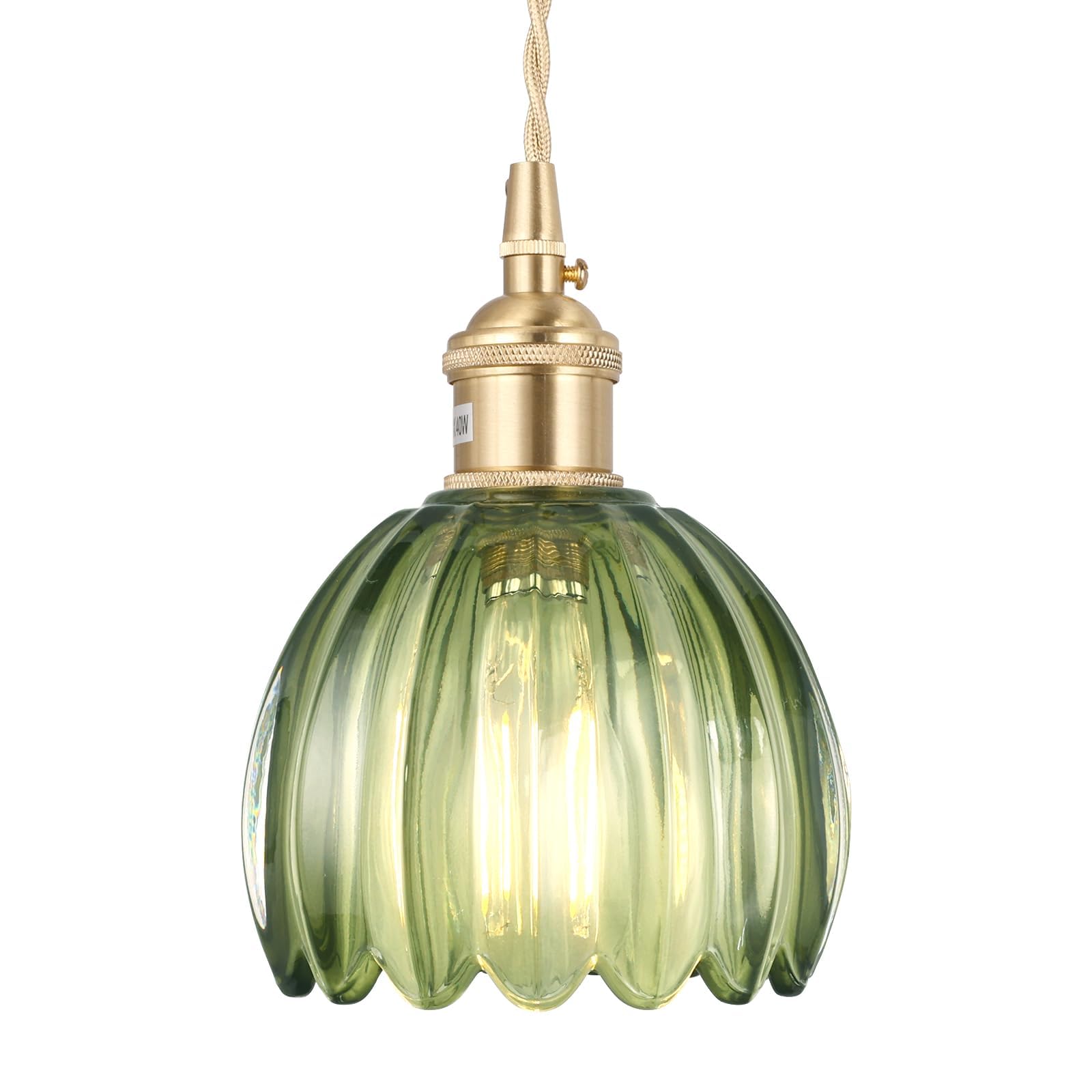 Shenmoyl Mini Pendant Light with Green Tulip Glass Lmapshade, Brass Vintage Pendant Light Adjustable Hanging Light for Kitchen I