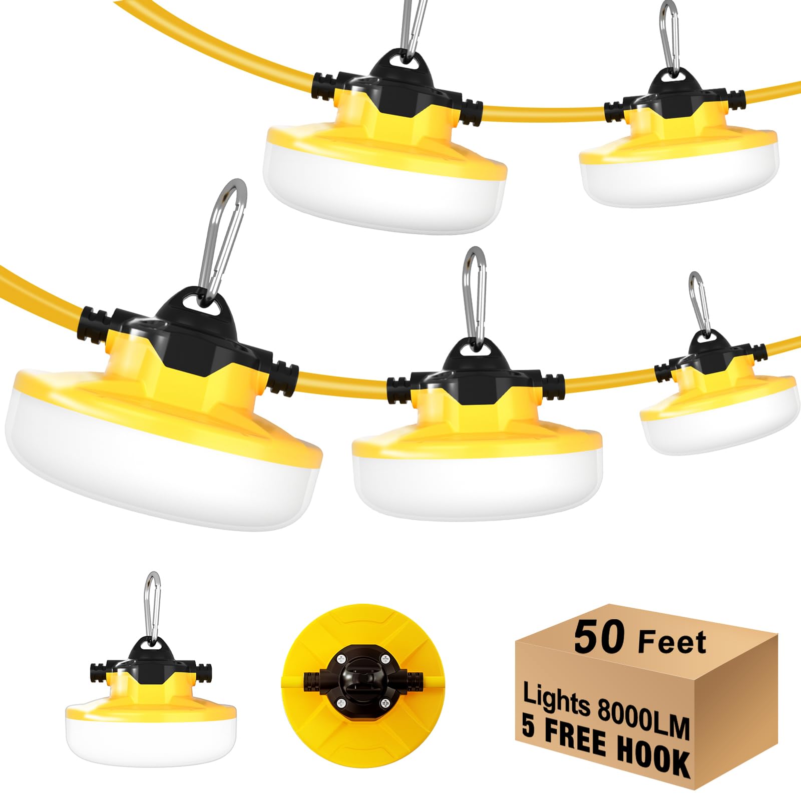 JC-LGL LED Construction String Light 50FT, 65W 8000Lm Industrial LED String Work Lights with 5 Bulbs, 5000K Linkable Work Lights