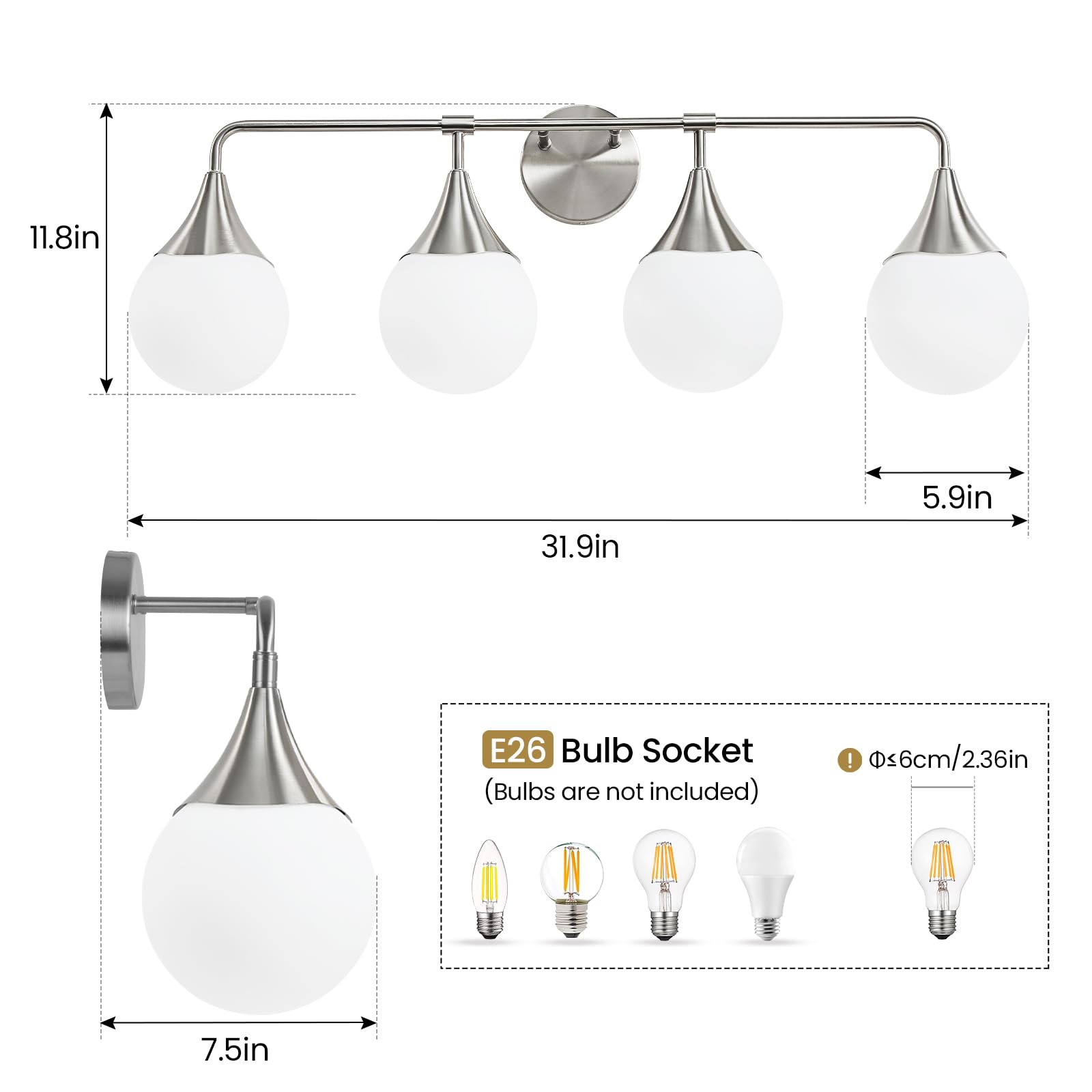 Hahzt Bathroom Vanity Light Fixtures: 4 Lights Mid Century Modern Bathroom Lighting Fixtures Over Mirrors - Brushed Nickel Wall Sconce With Milky Glass Ball Shades For Bath Bedroom