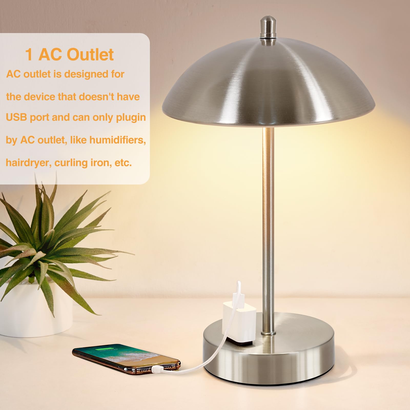 Modern Desk Lamp With Ac Adapter,12'' 3-Way Dimmable Touch Bedside Reading Lamp, Minimalist Silver Small Nightstand Table Lamp W