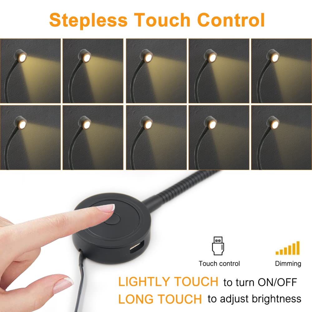 VST Bedside Wall Mounted Reading Lights - 2 Pack, Black-Round, Touch Brightness Control, USB/Type-C Charging, ETL-Listed