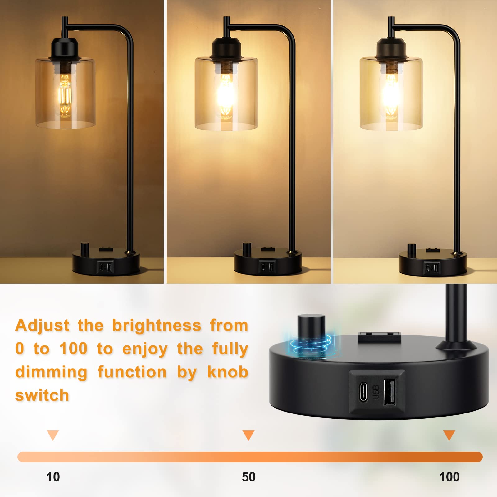 Industrial Bedside Desk Lamps For Bedroom - Grey Smoked Glass Shade Table Lamp With Usb C Port, Fully Dimmable Small Lamps With