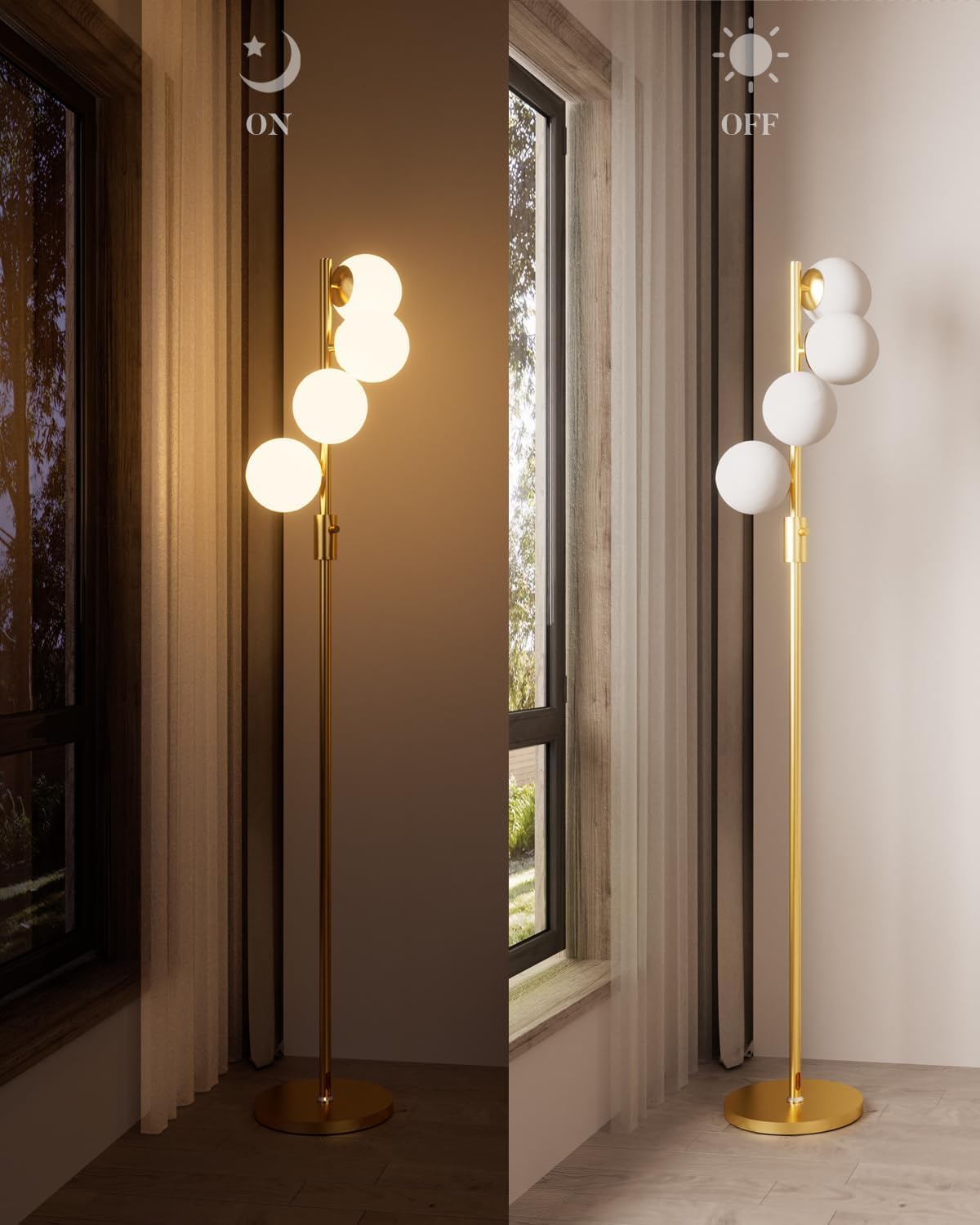 Lightdot Globe Floor Lamp, Dimmable 64IN, Gold, Metal, Includes 4 G9 Bulbs, Mid Century Modern Design