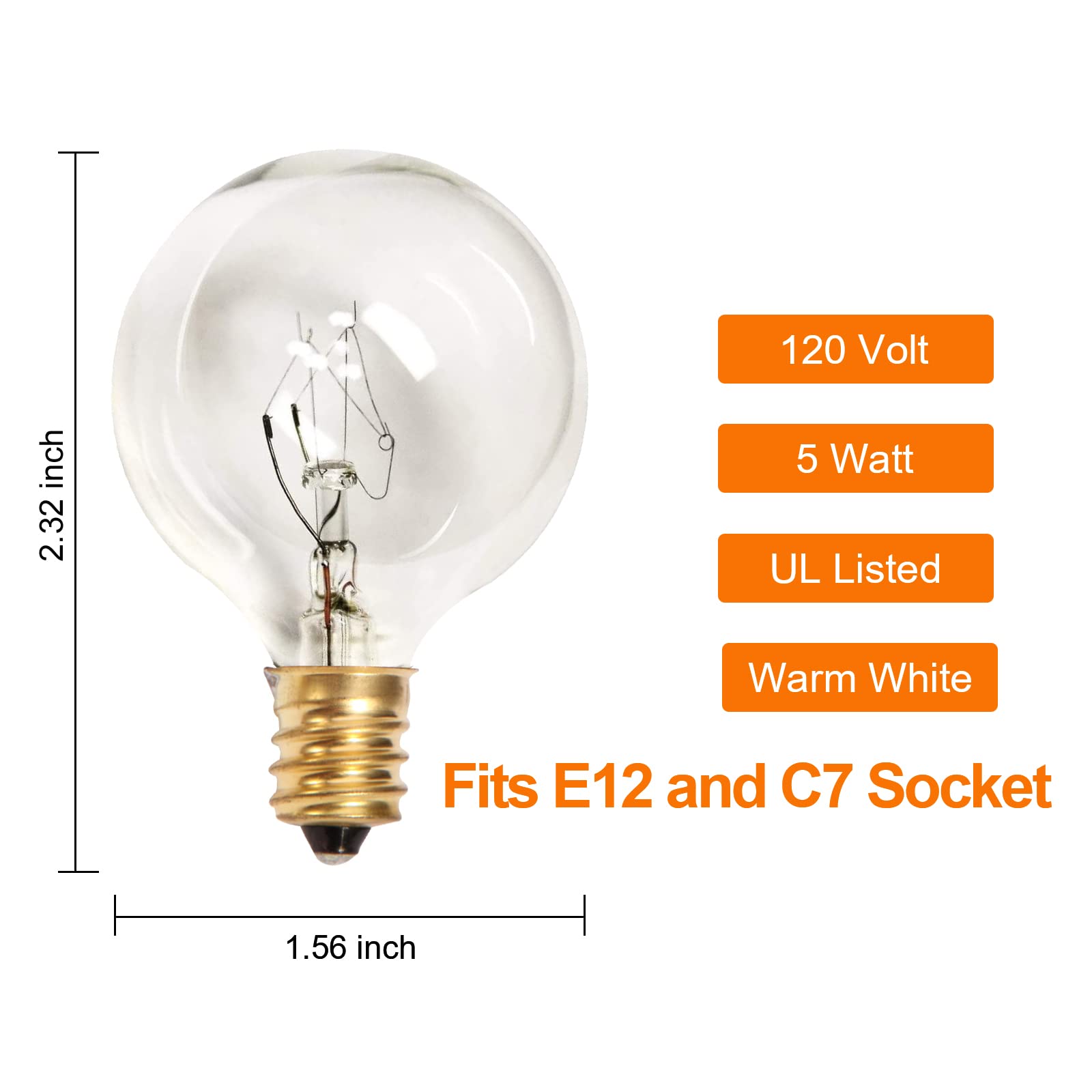 rincentd G40 5W Clear Globe Light Bulbs, Dimmable E12 Candelabra Base, 120V, 25 Pack for Indoor/Outdoor Patio Decor