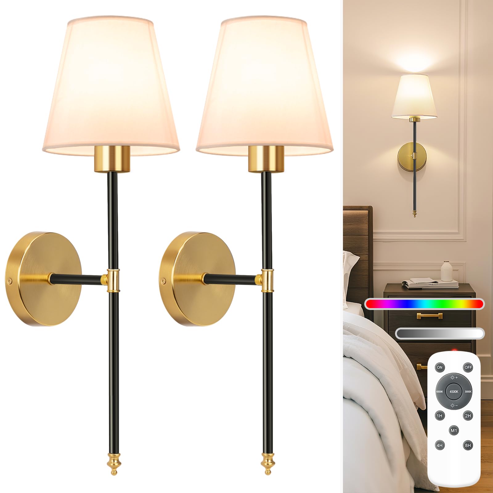 NIORSUN Wall Sconce Set of 2, 19.9 Inch Black-Gold Metal Lights with Dimmable Bulbs, Remote, Rechargeable, Model SW025
