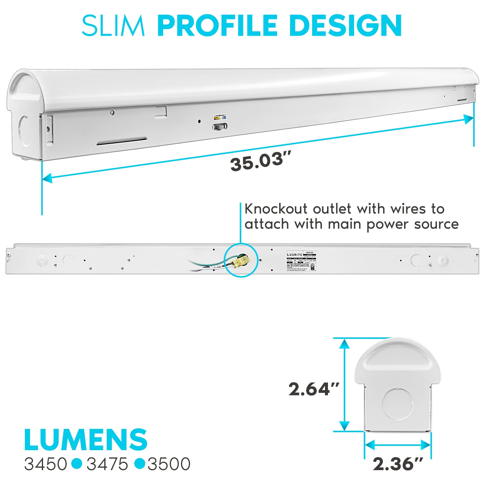 Luxrite 3Ft Slim Led Shop Light, 25W, 3450 Lumens, Linear Strip, 3 Color Selectable 3500K-5000K, 0-10V Dimmable, Flush Mount, Ul