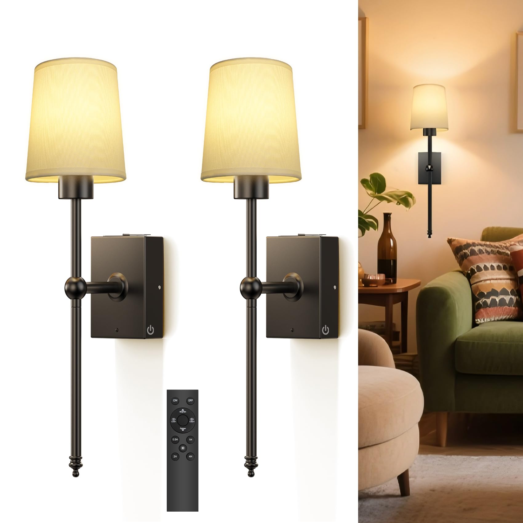TOOWELL Battery Operated Wall Sconce Set of 2, Dimmable LED, Black, 8000mAh, Wireless, Model HJX-TC230526H