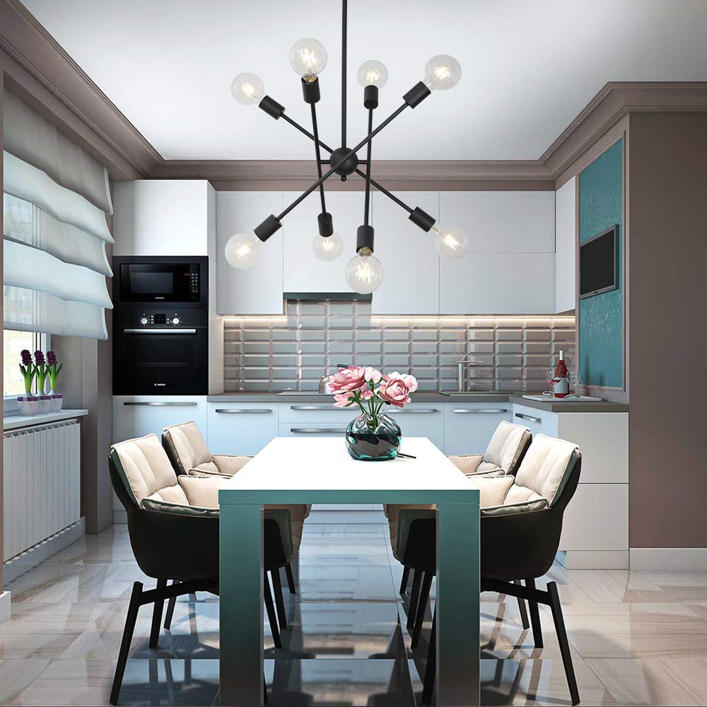 BONLICHT Black Sputnik Chandelier 8 Light Vintage Industrial Semi Flush Mount Ceiling Light for Kitchen Dining Room Foyer Hallway