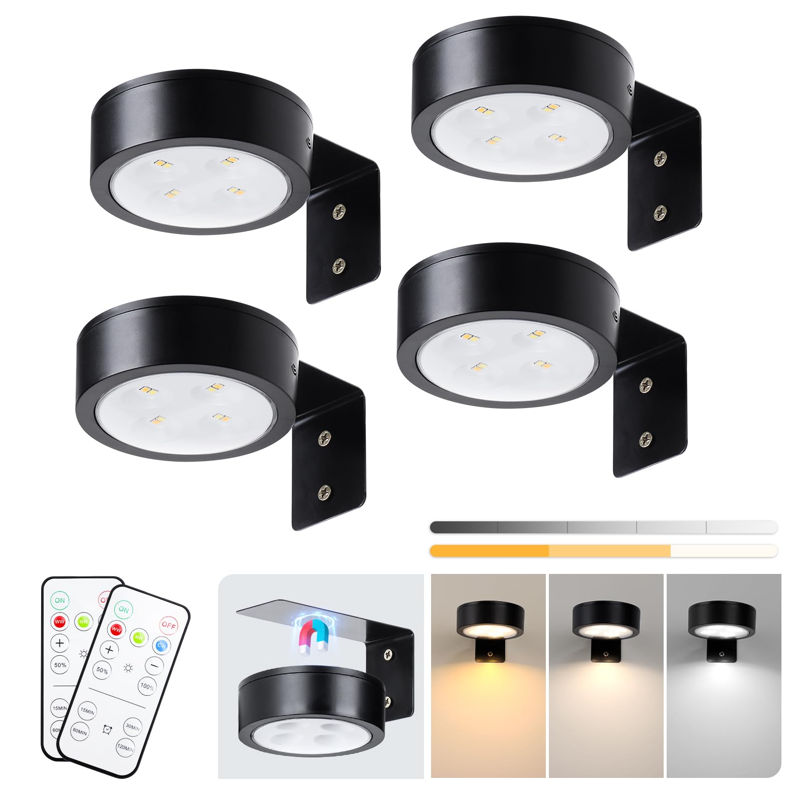 KELUOLY Picture Light 4-Pack, Battery Operated, Dimmable with Remote, Art Display Light, Black, Model XY-BQ3S-4H