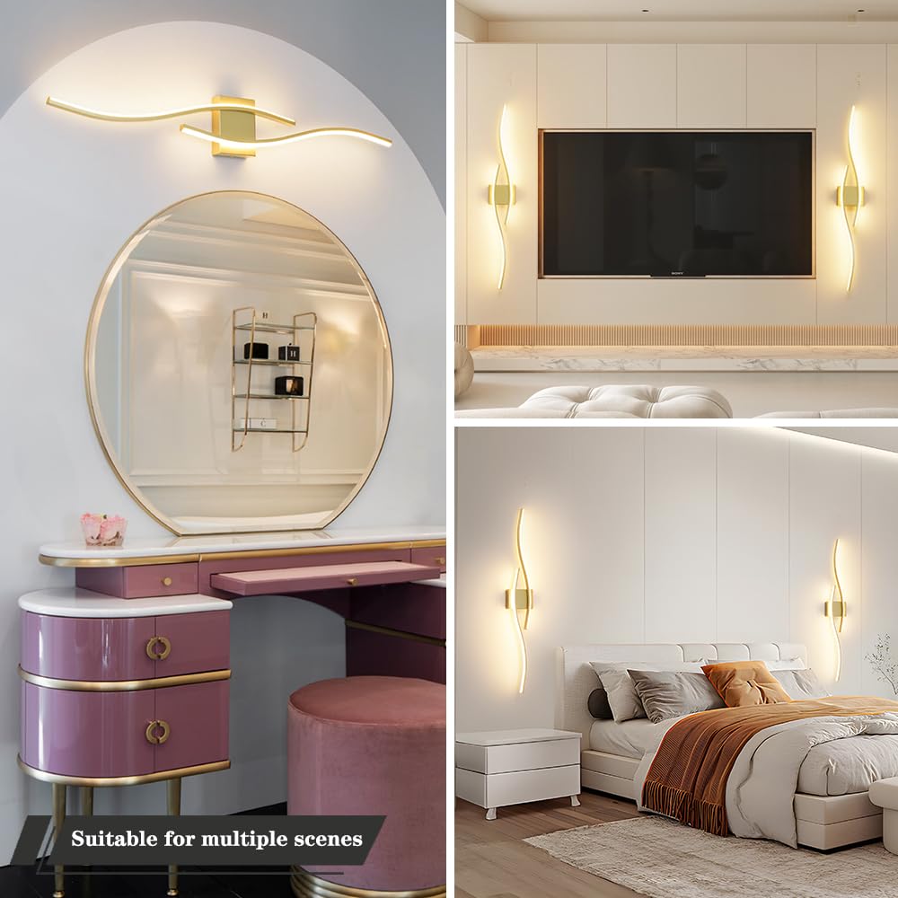 Daunton Modern Wall Sconces Set of 2, Dimmable LED, Gold, 40.5in, Hardwired, Remote Control, Indoor Lighting for Living Room, Bedroom