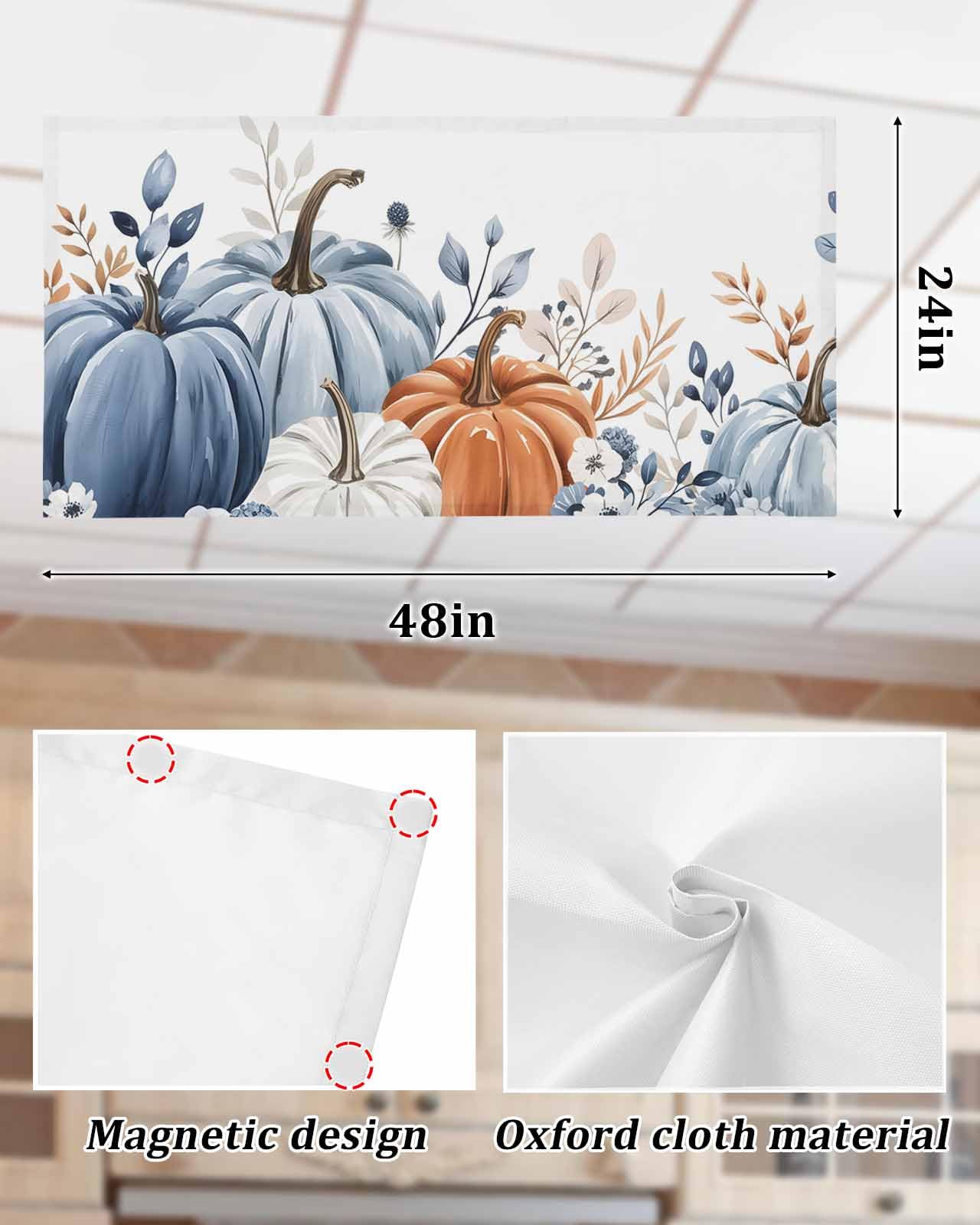 Fall Fluorescent Light Covers For Ceiling Lights Blue White Pumpkin Magnetic Light Filters 2 Pack 4X2 Ft Autumn Eucalyptus Leaves Thanksgiving Ceiling Lights Cover For Classroom Office Drop Lamp